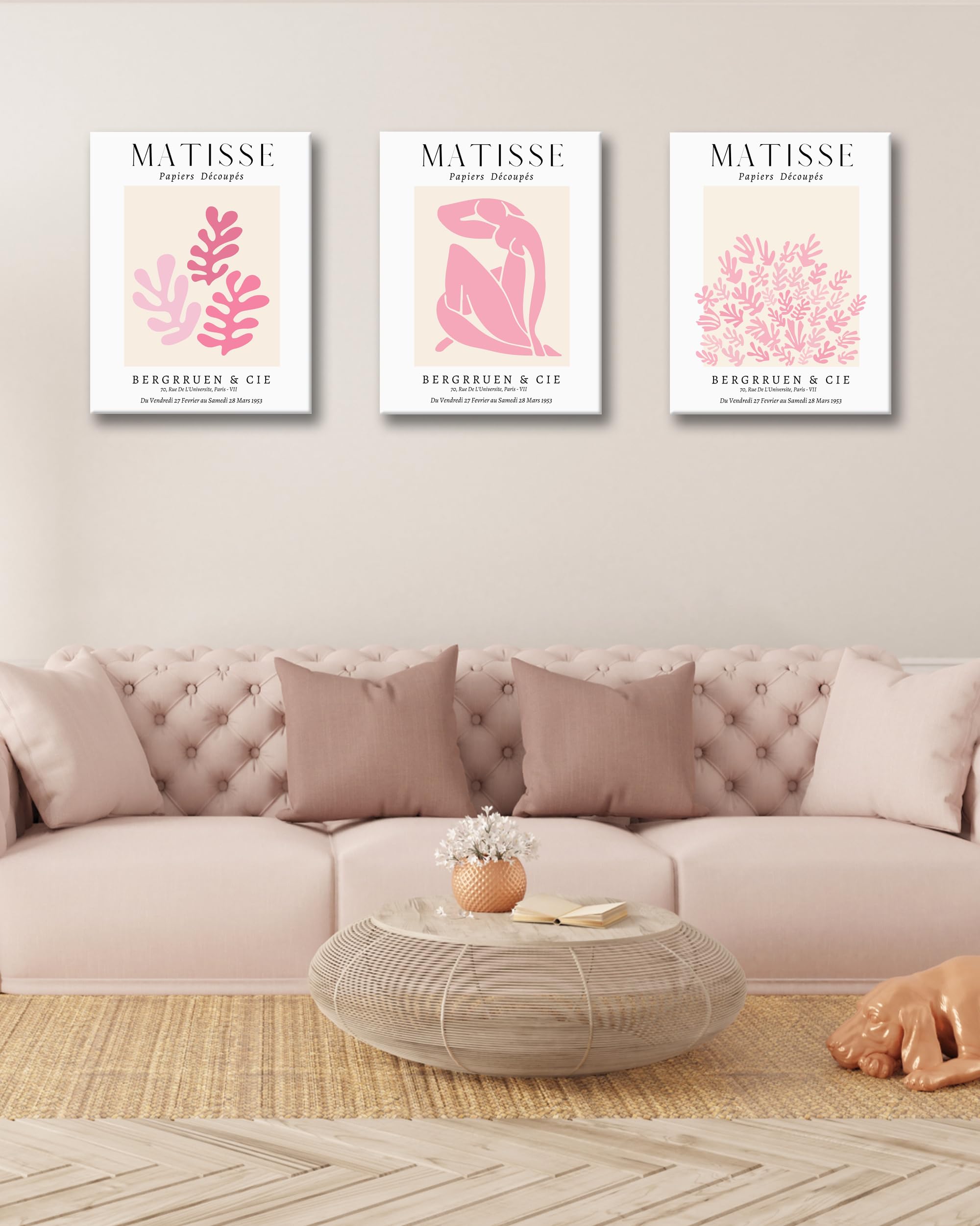 Framed Matisse Pink Wall Art Set Of 3,Minimalist Canvas Wall Decor,Truly Quality Canvas Prints For 12X16In,Art Poster Decoration