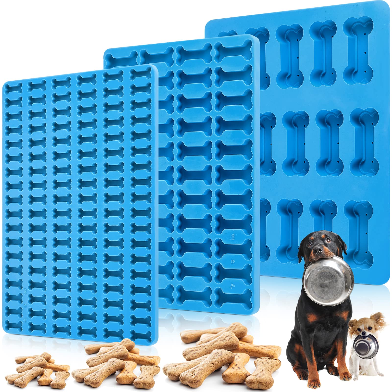 Dog Treat Molds For Baking And Freezing 3 Pcs 15, 44, 108 Cavity Dog Bone Silicone Mold Blue Non Stick Dog Biscuit Molds For Bis