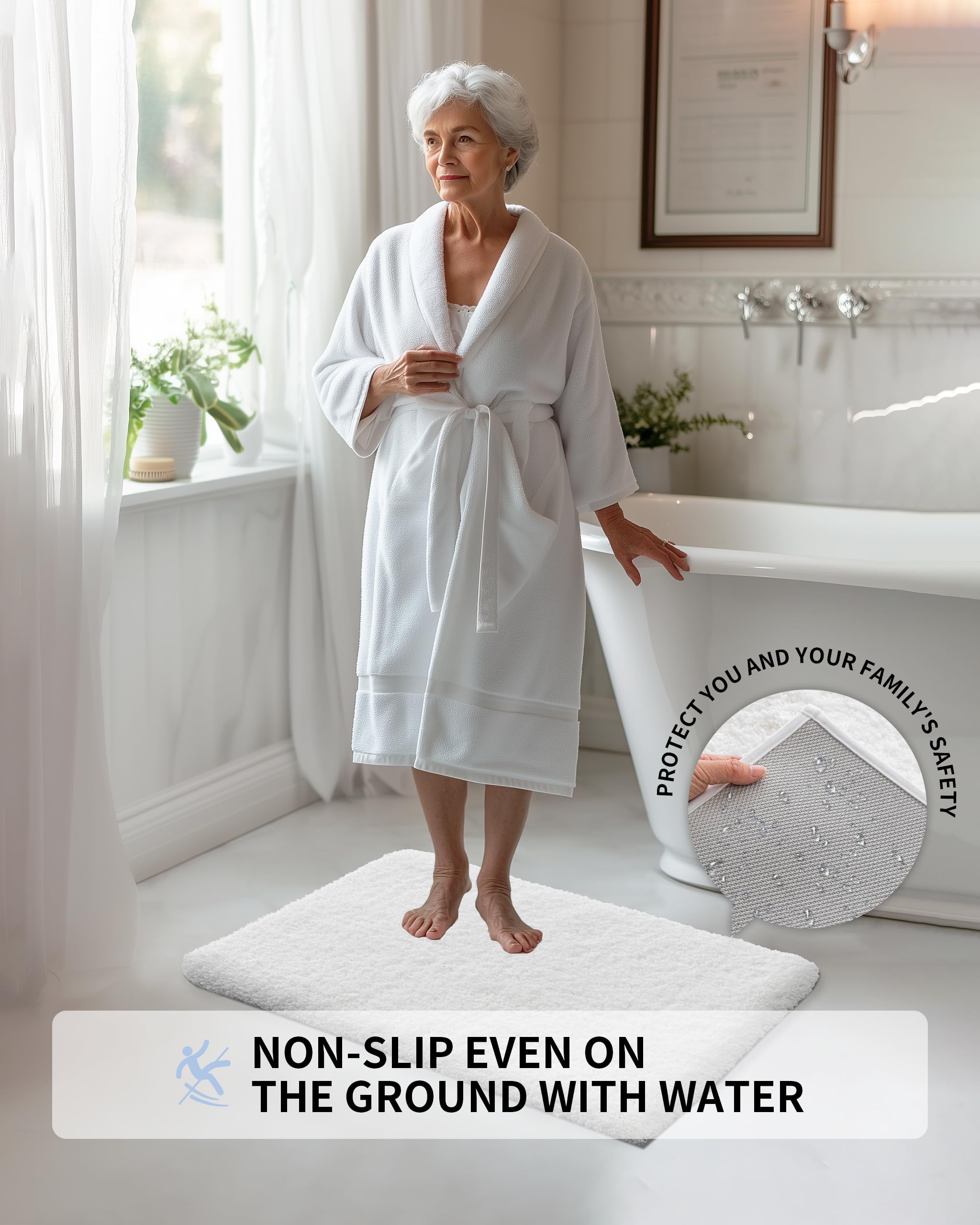 Ilango White Bathroom Rug Super Absorbent, Washable Bath Mat Non Slip For Floor, Microfiber Thick Plush Shaggy Bath Rug With Rub