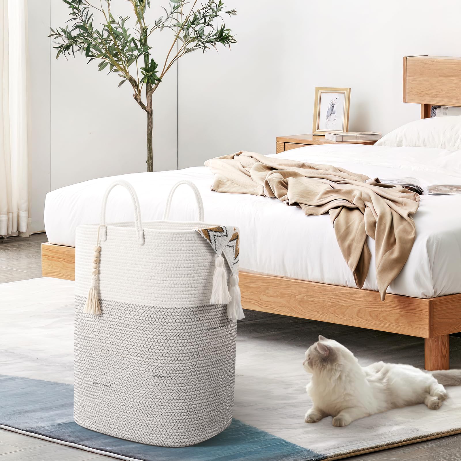 Woven Laundry Basket For Clothes, 80L Large Rectangle Laundry Hampers With Beads Tassel, Nursery Storage Basket For Toys, Tall D