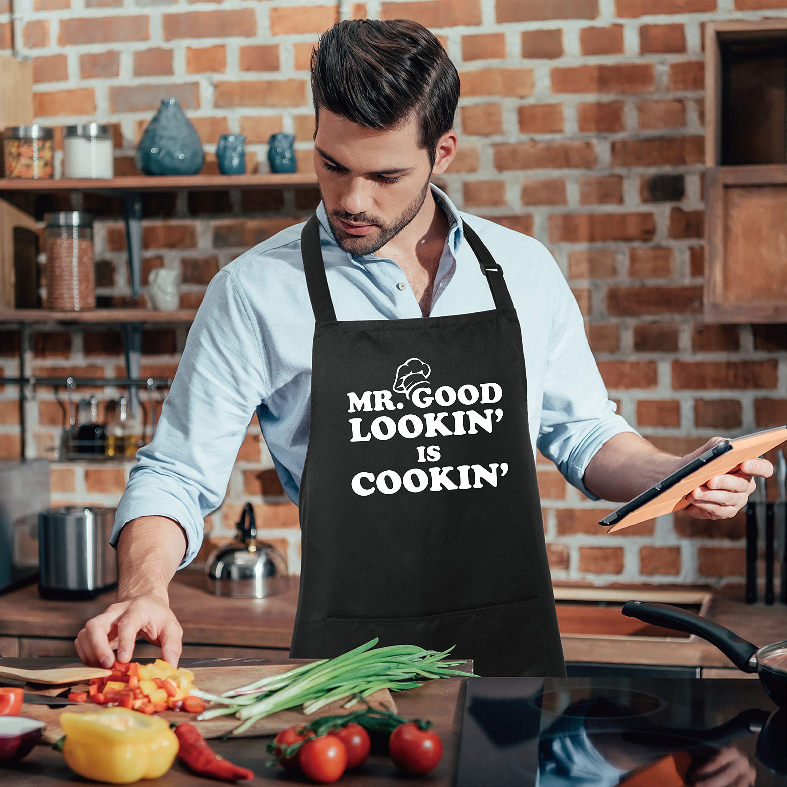 Xornis 100% Cotton Funny Aprons For Men Mr. Good Looking Is Cooking Kitchen Grill Bbq Adjustable Bib Aprons With 2 Pockets Gifts