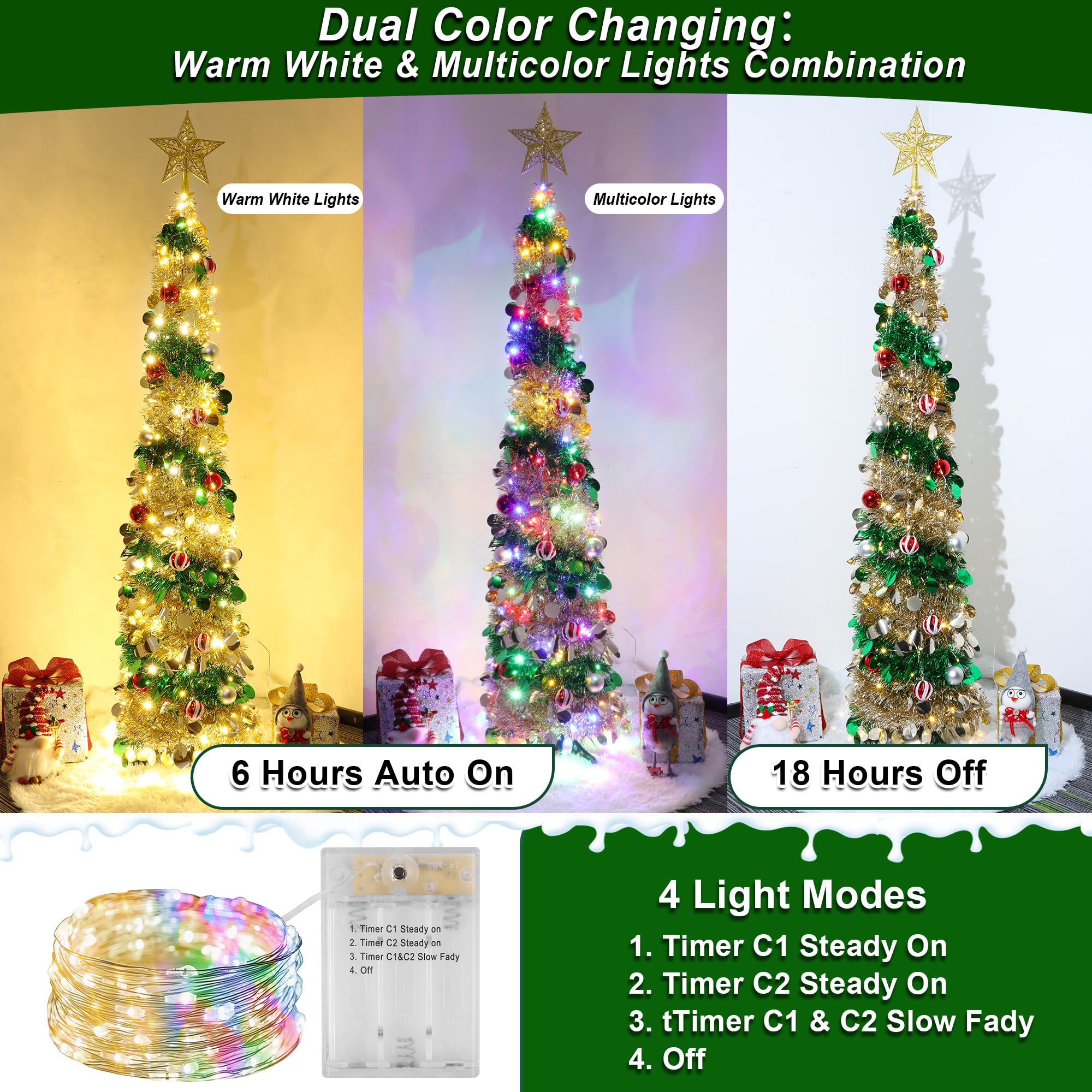 5FT Pop Up Christmas Tree with Timer 60 Warm White & Multi Color Fairy Light 3D Star 15 Ball Ornament, Green Gold Tinsel Christm