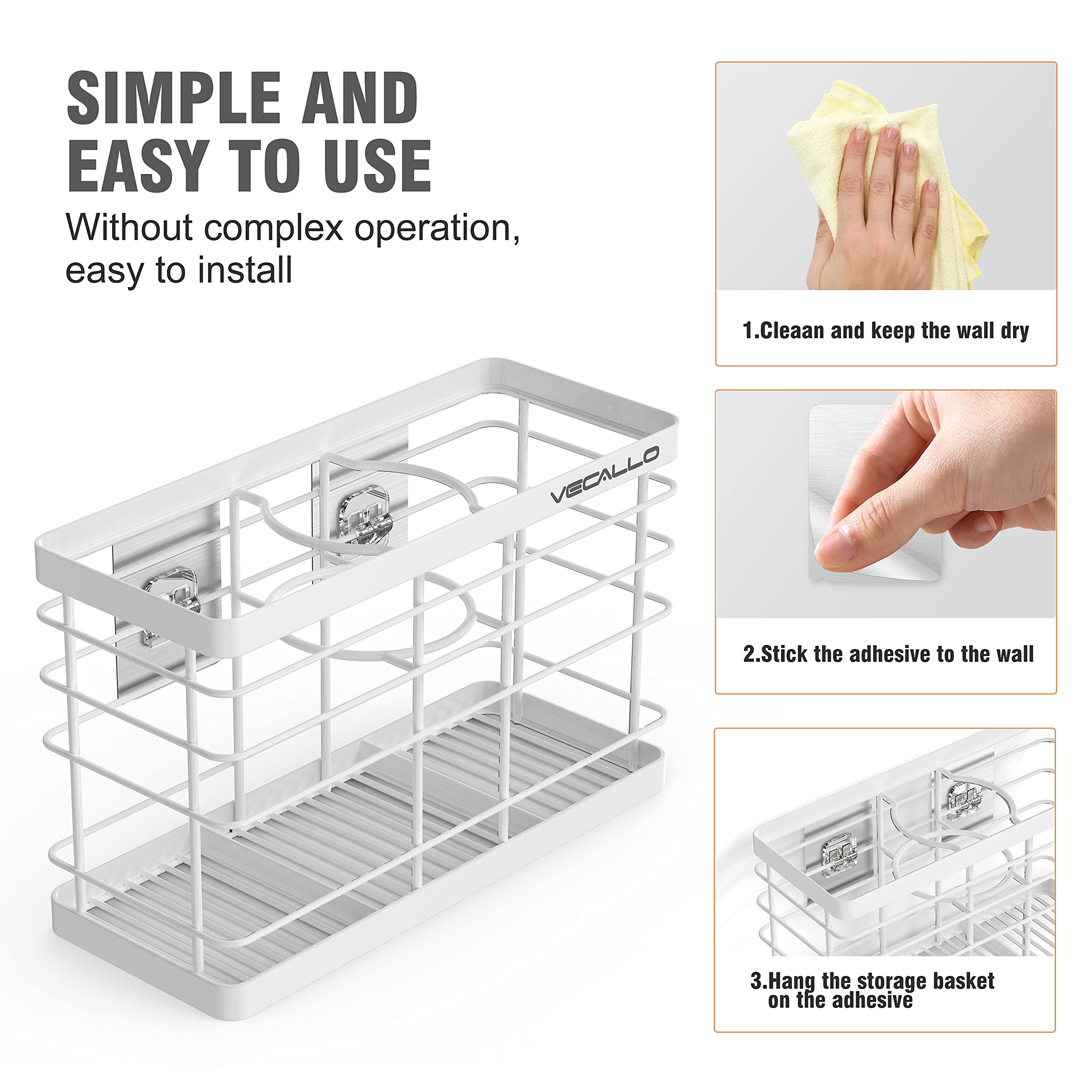 Vecallo Hair Tool Organizer - Wall Mount Stainless Steel Caddy, 10.62" x 6.69" x 4.33", Rustproof, White for Hair Dryers & Styling Tools