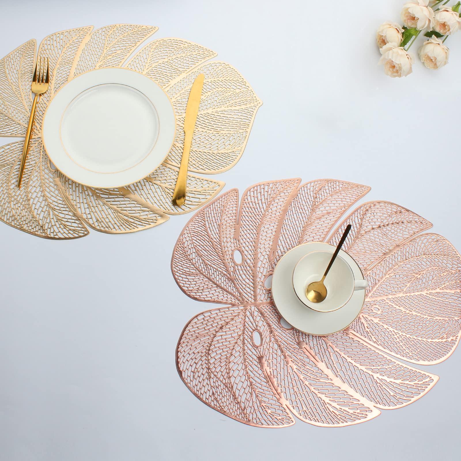 Evevda Rose Gold Leaf Shaped Vinyl Placemats For Dinner Table Set Of 6 Metallic Plastic Place Mats Wipeable 6Pcs Table Mats For