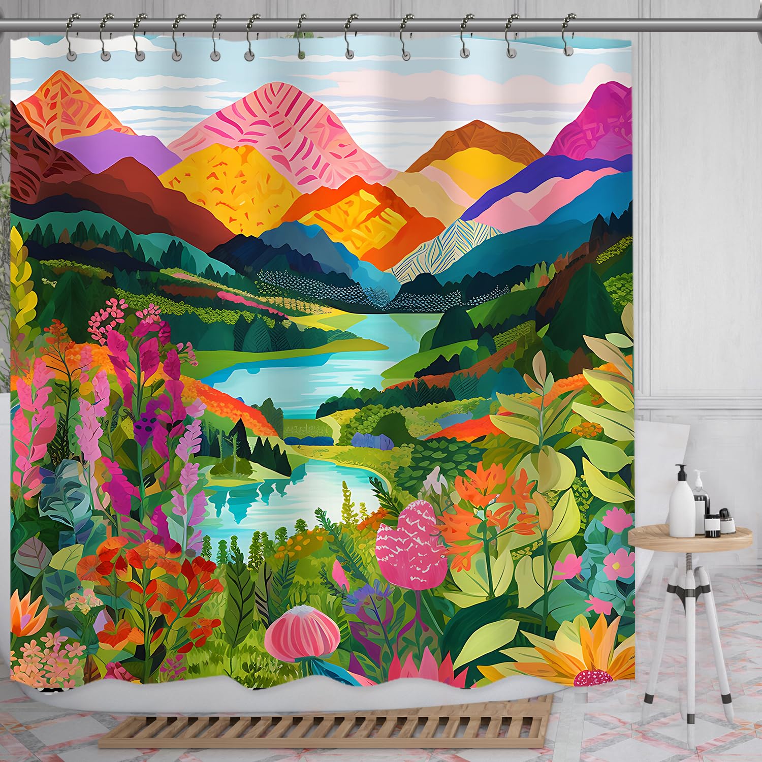 She Love Mountain Abstact Shower Curtain Nature Forest Lake Watercolor Art Painting Landscape Colorful Green Shower Curtain With
