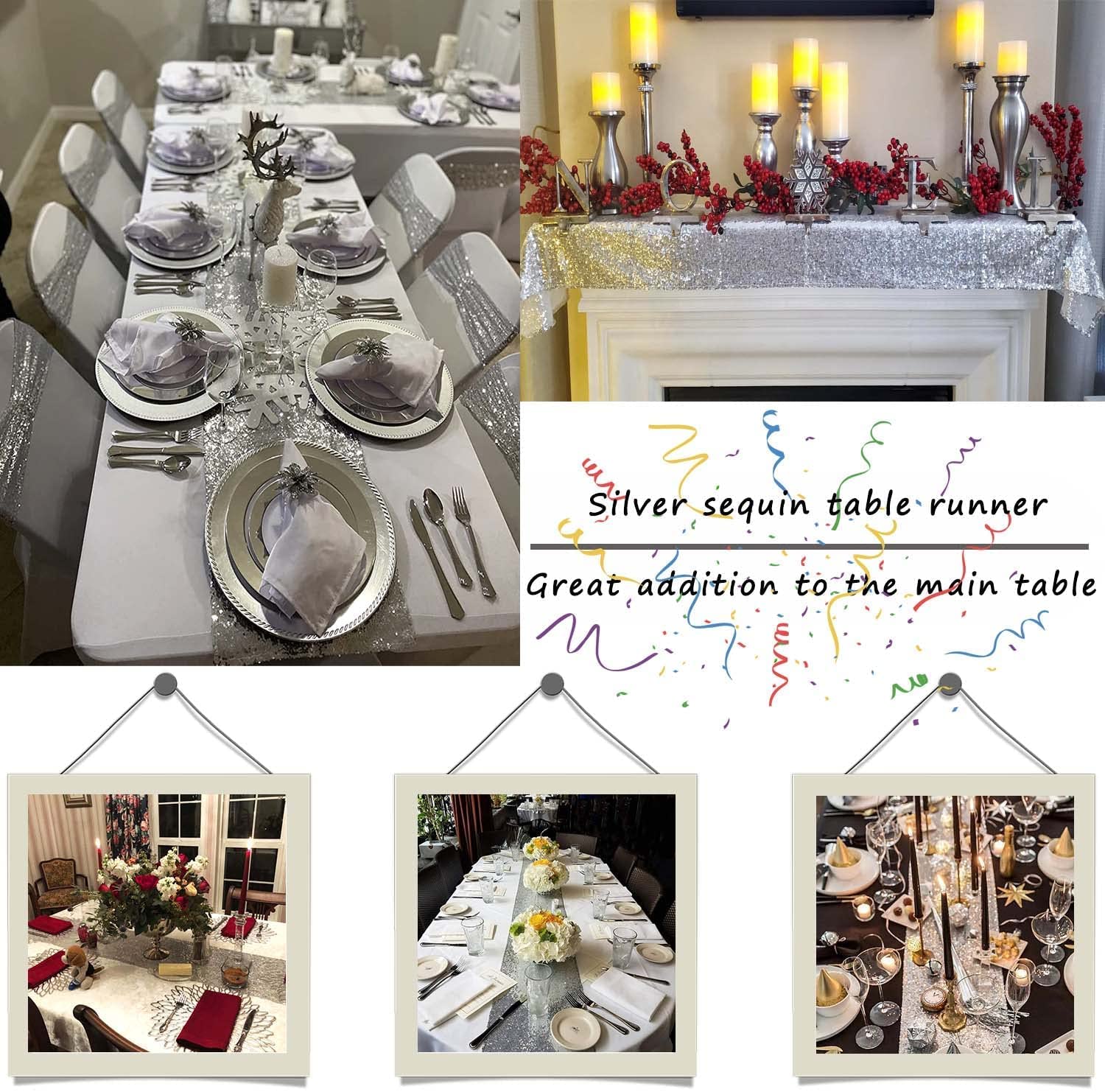 Tcbesto Silver Sequin Table Runner 12'' X 72'' 6 Pack Metallic Sequin Table Runner Glitter Table Runner For Baby Shower Wedding