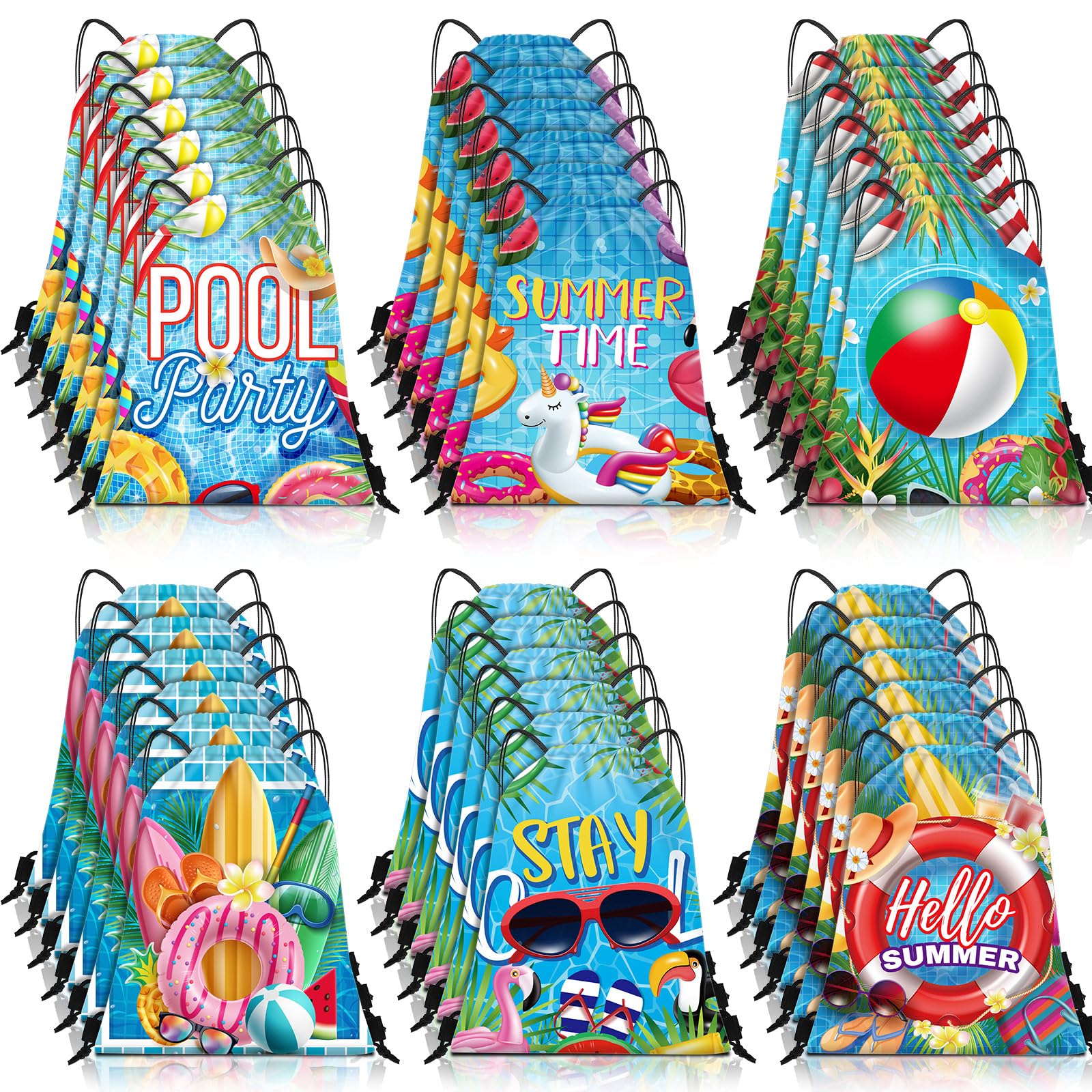 Kacctyen Pool Beach Drawstring Bags Summer Drawstring Backpack Beach Ball String Birthday Bag Pool Party Decoration(36 Pcs)