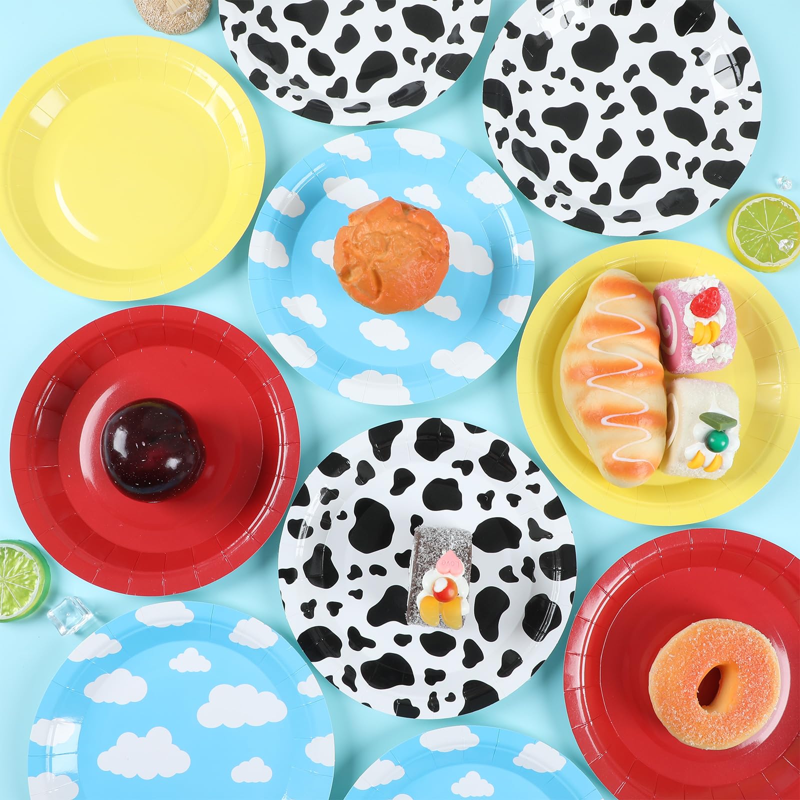 48Pcs Cartoon Story Birthday Party Paper Plates For Toy Inspire Game Story Party Supplies 7'' Cow Print Sky Blue Cloud Birthday