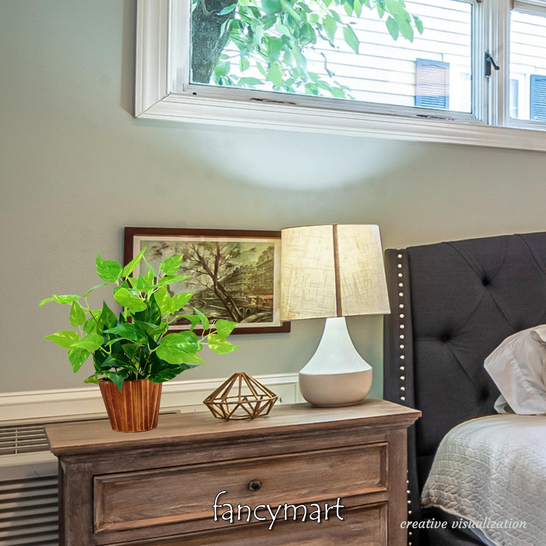 fancymart Artificial Money Plant Leaves in Wood Pot Pefect Decoration for Home & Office Space