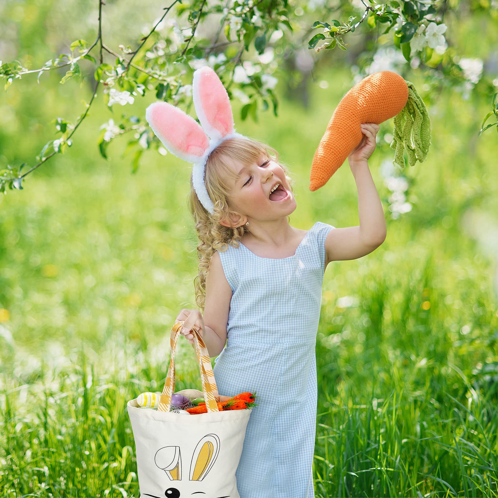 Weewooday 2 Pcs Easter Tote Bags For Kids Easter Canvas Gift Bags Bunny Ears Basket Bags For Boy Girl(Purple, Yellow)
