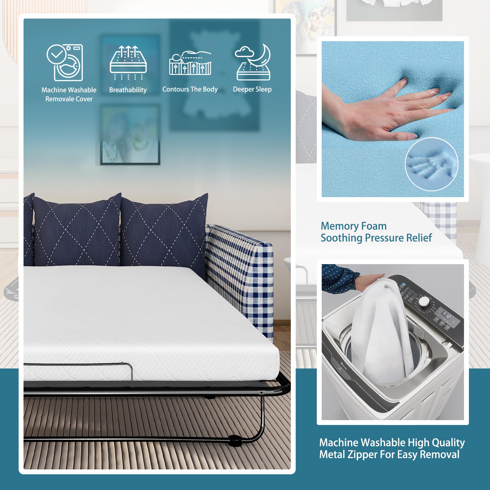 Artleta-Zg 4.5 Inch Memory Foam Sofa Bed Replacement Mattress For Queen Size Sleeper | Oeko-Tex| Certipur-Us Certified | Washabl