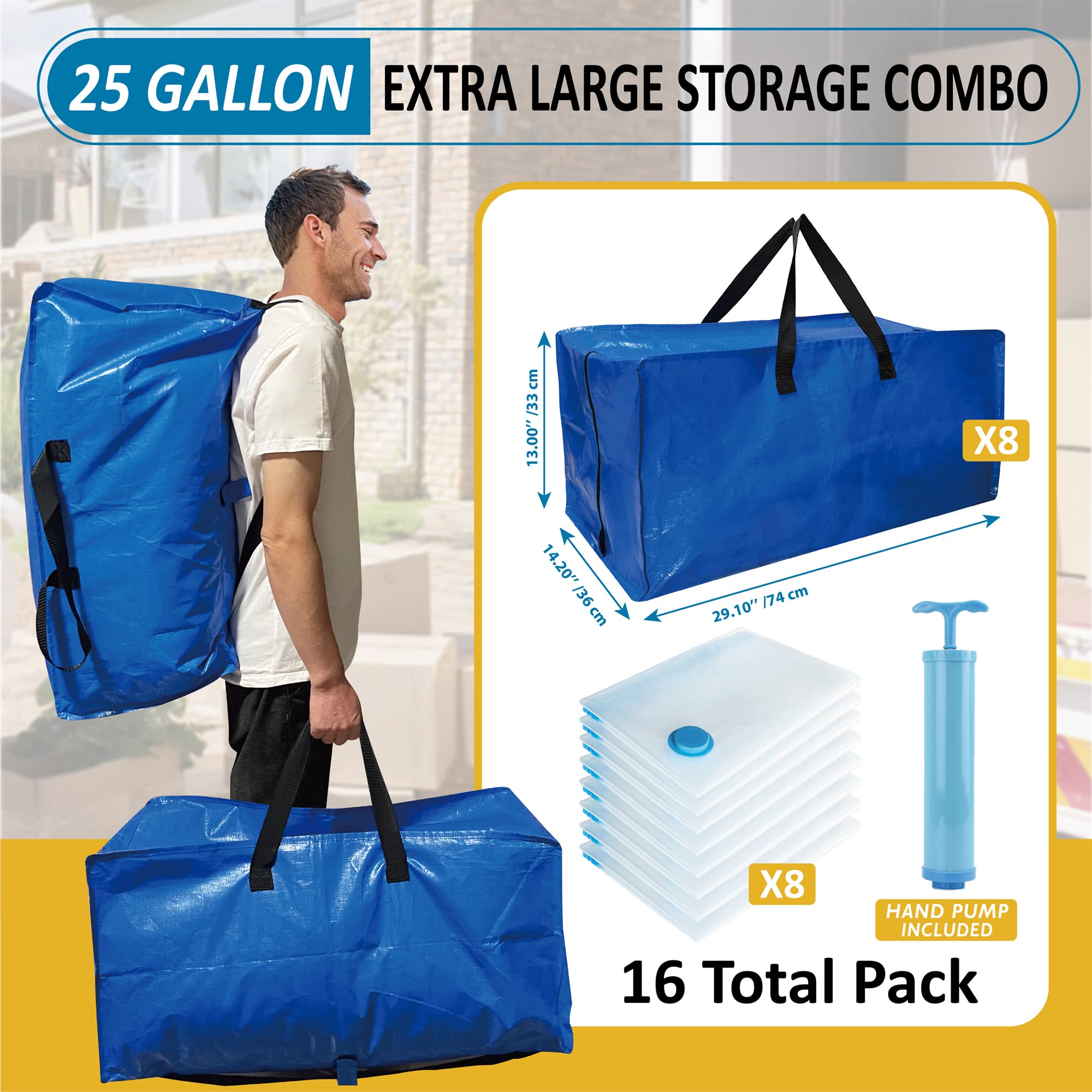 16 Pack Heavy Duty Extra Large Moving Bags with Backpack Straps & Large Vacuum Storage Bags Moving Supply Combo  Moving Totes with Handles & Zippers for Space Saving  Fold Flat  Includes Vacuum Bags
