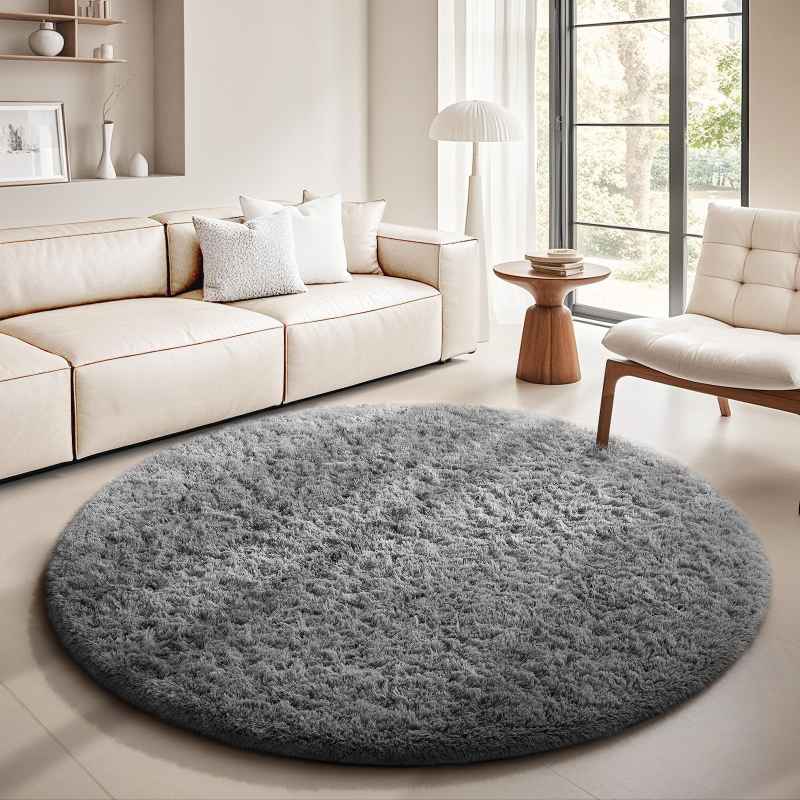 Ophanie Round Rugs 5Ft Grey Circle Area Rug, Fluffy Fuzzy Bedroom Carpet, Plush Soft Shaggy Indoor Floor Gray Living Room Rugs f