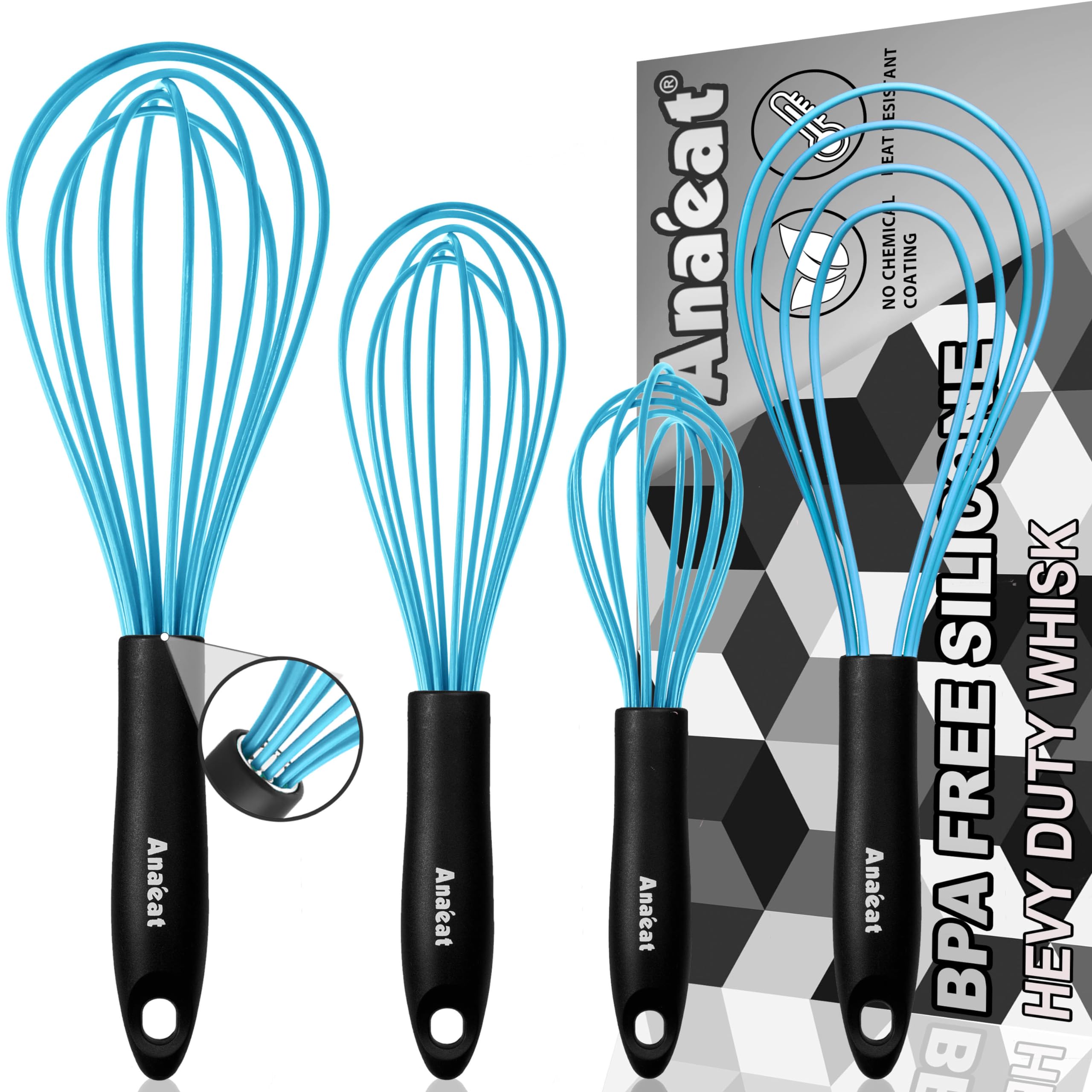 Anaeat Silicone Kitchen Whisk Set Of 4, Perfect For Non-Stick Cookware, Milk And Egg Beater Blender For Whisking, Cooking, Bakin