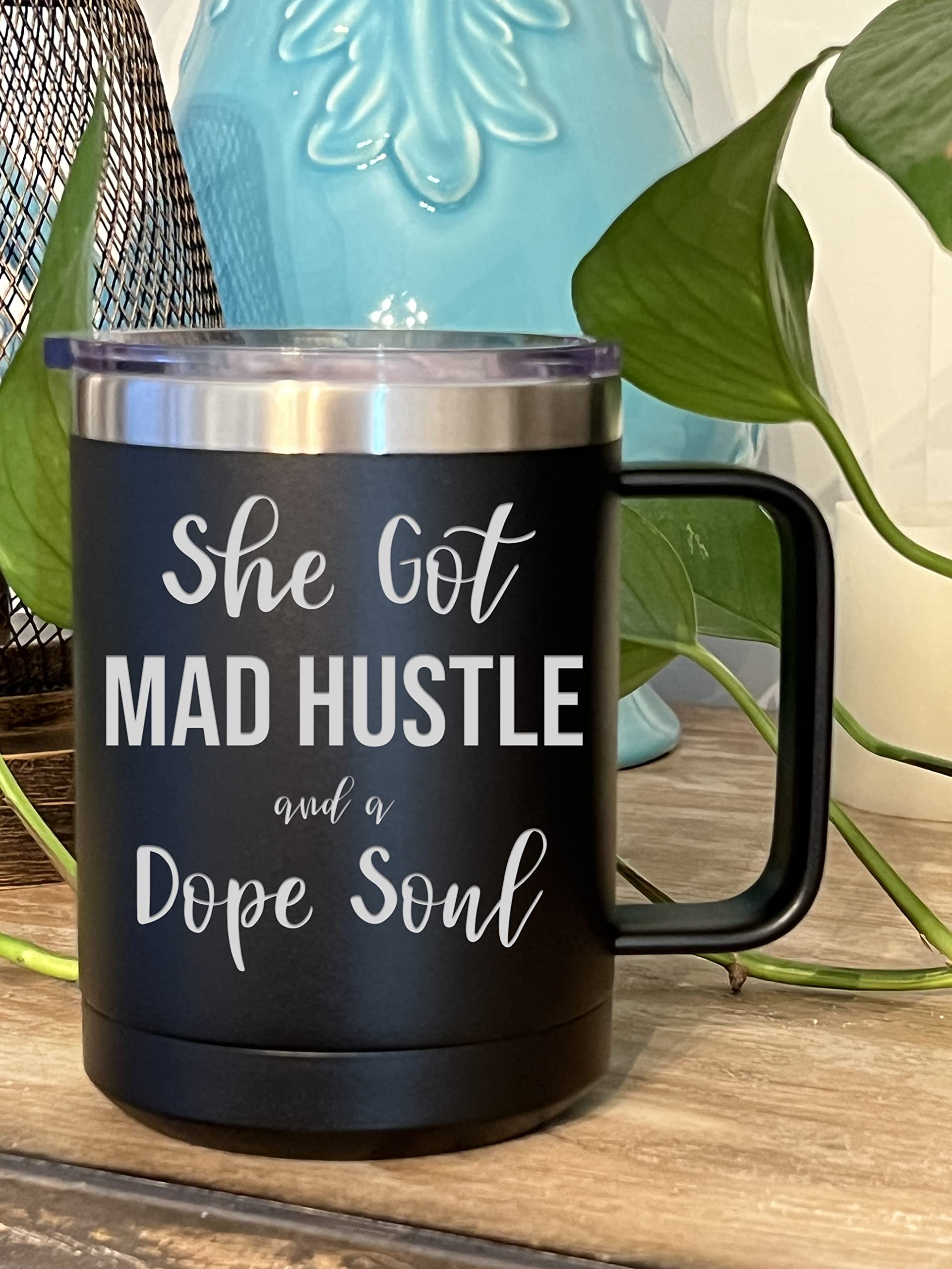 Griffco Supply She's Got Mad Hustle and a Dope Soul - 15 ounce stainless steel insulated mug with lid for Mother Hustler, Mom Mu