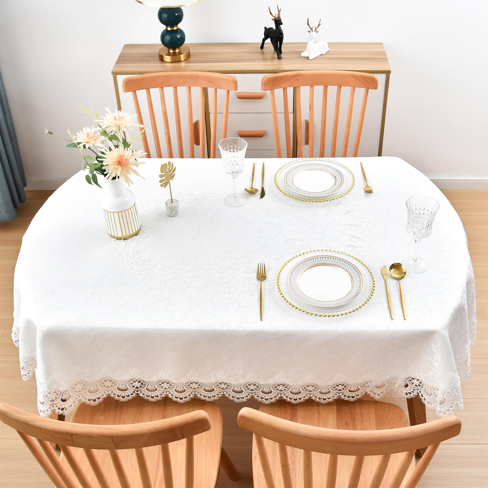 Elegant White Lace Jacquard Oval Tablecloth Tabletop Decoration Cover For Oval Tables Home Decoration 60 X 84 Inch