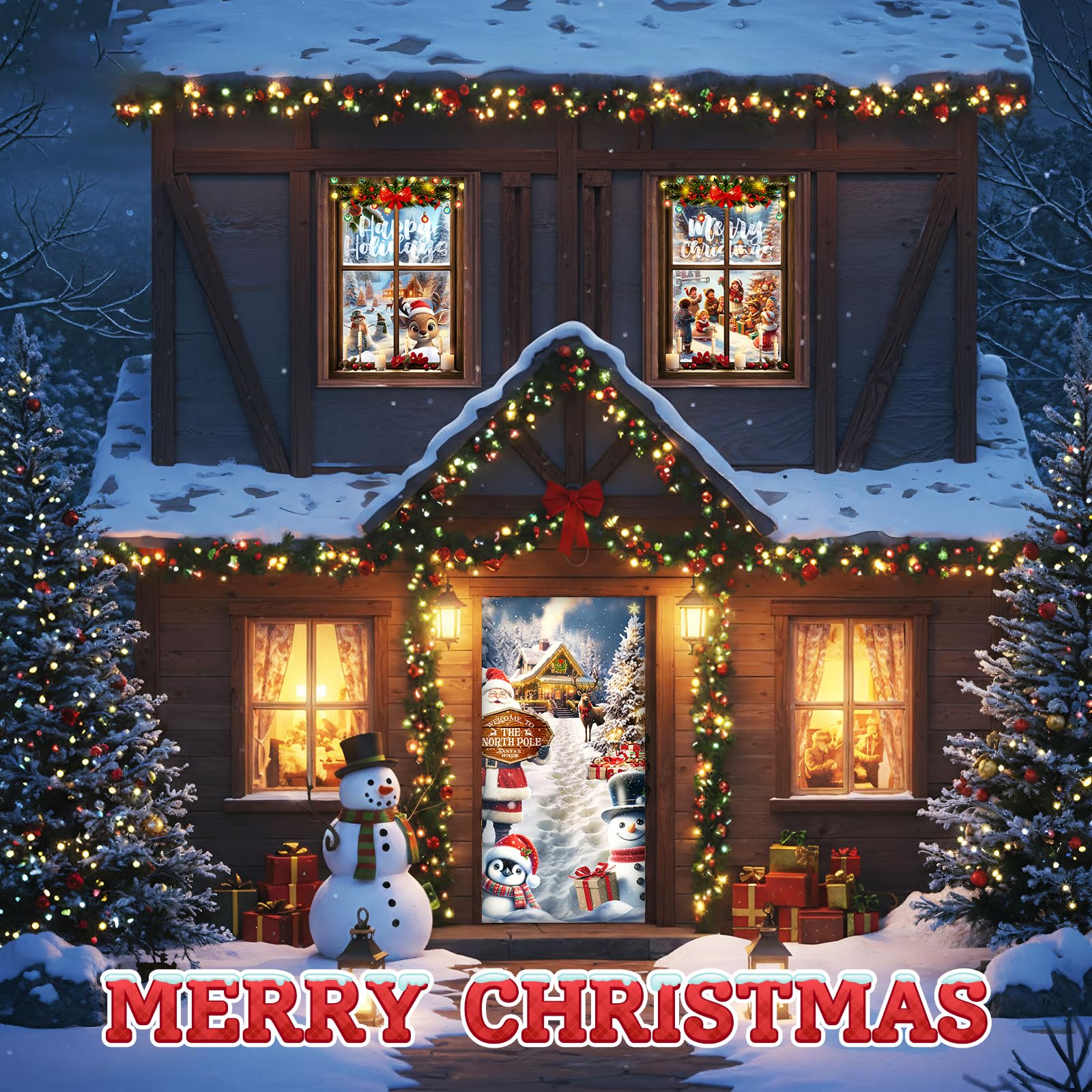Tioncy 3 Pcs Christmas Door Window Cover Decorations Set 71 x 35 Christmas Door Cover 47 x 32 Xmas Window Curtain Santa Claus Sn