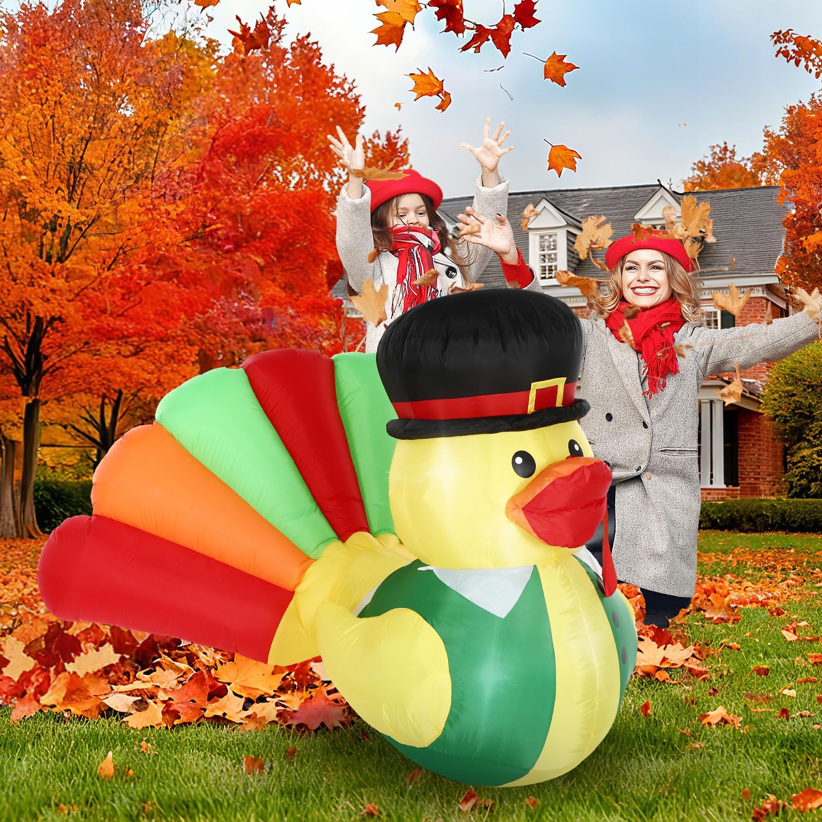 Leyndo 5FT Thanksgiving Inflatables Turkey Duck Fall Decoration Outdoor Inflatables Duck with Build-in LEDs Lights Blow Up Large