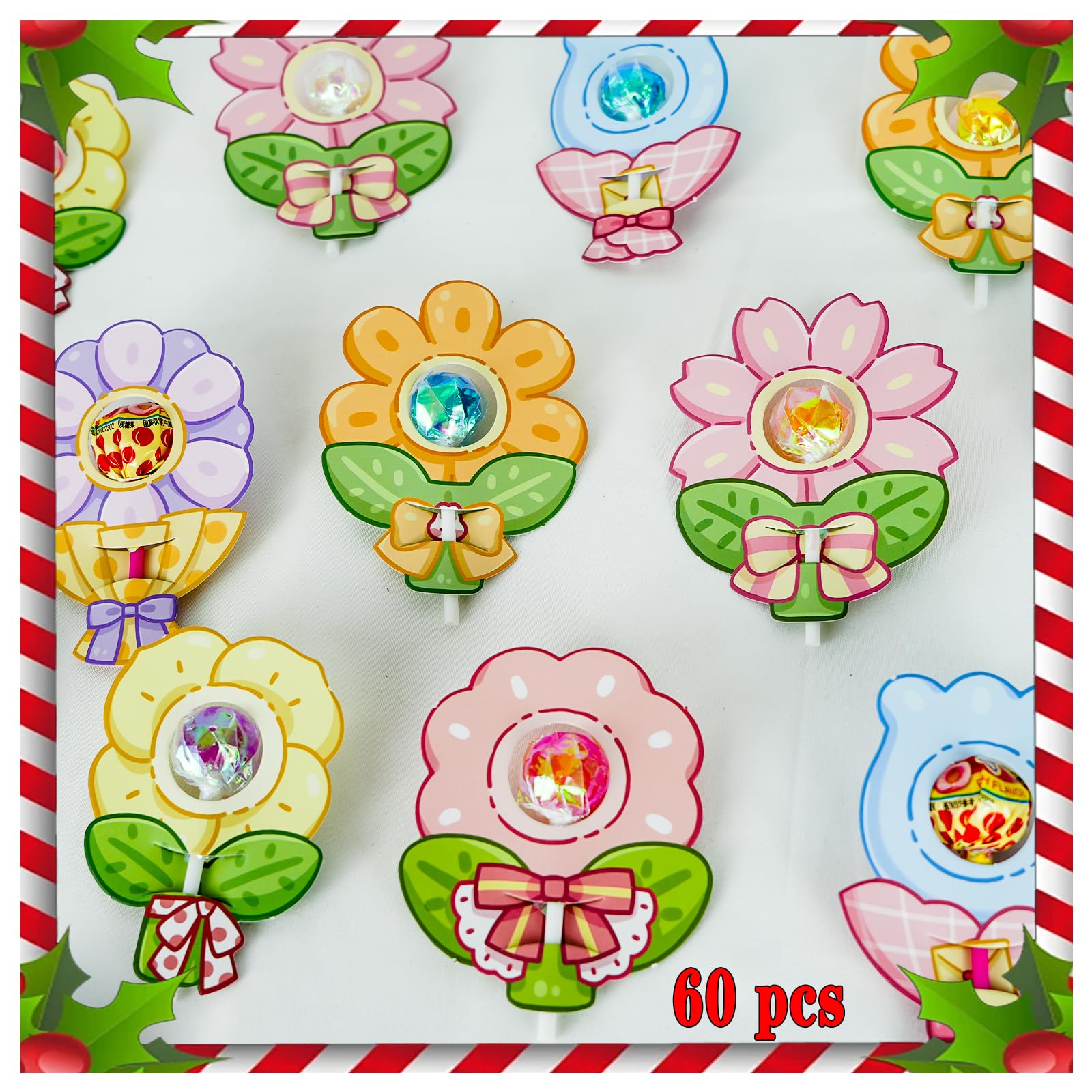 Voyesvo Christmas Decorations - Christmas Gifts - 60Pack Cute Flower Candy Card, Birthday Decorations, Party Favors For Kids 8-1