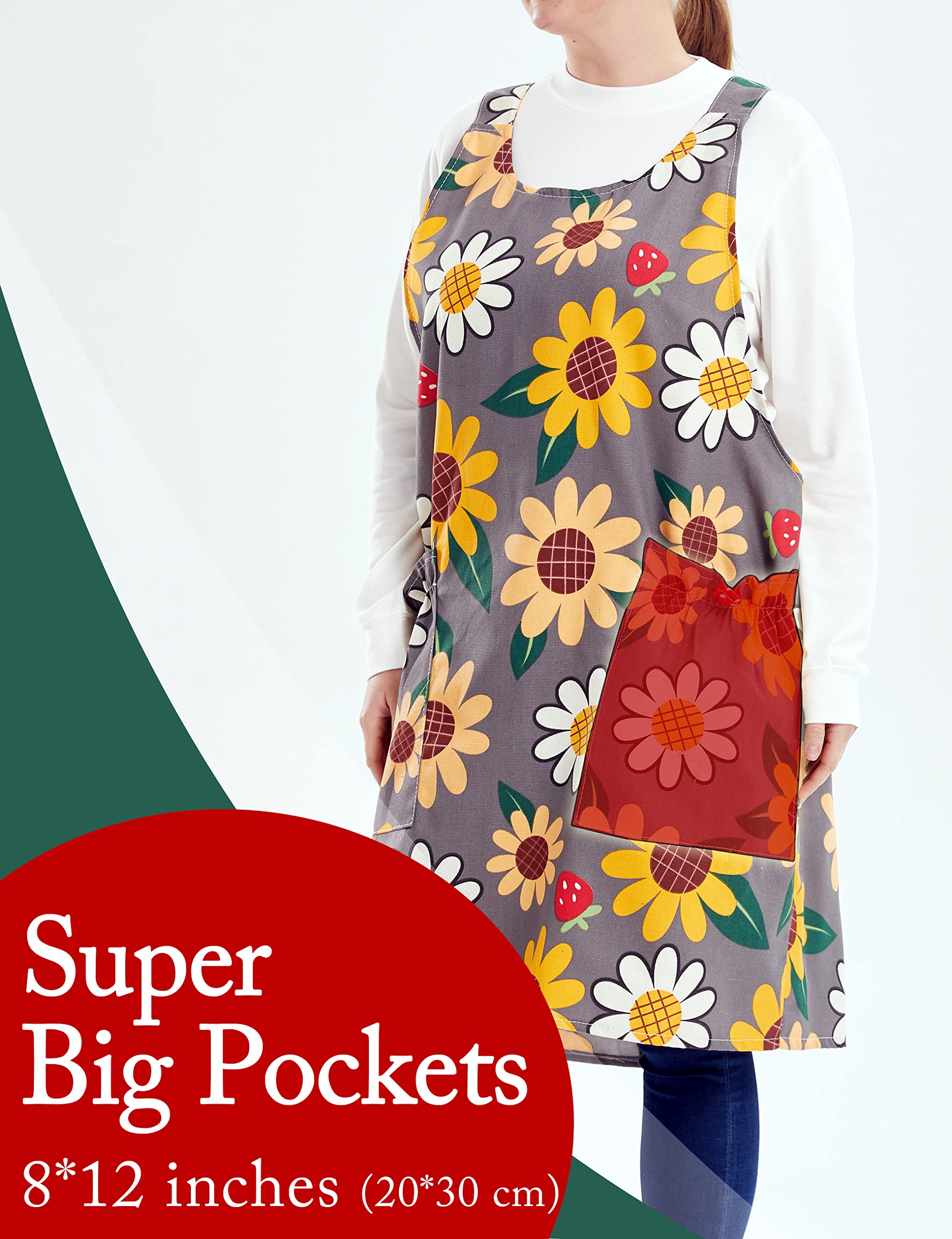 APRONNER Cross Back Plus Size Linen Aprons for Women with Pockets Blend Dress for Baking Cooking Gardening Works Sun Flowers