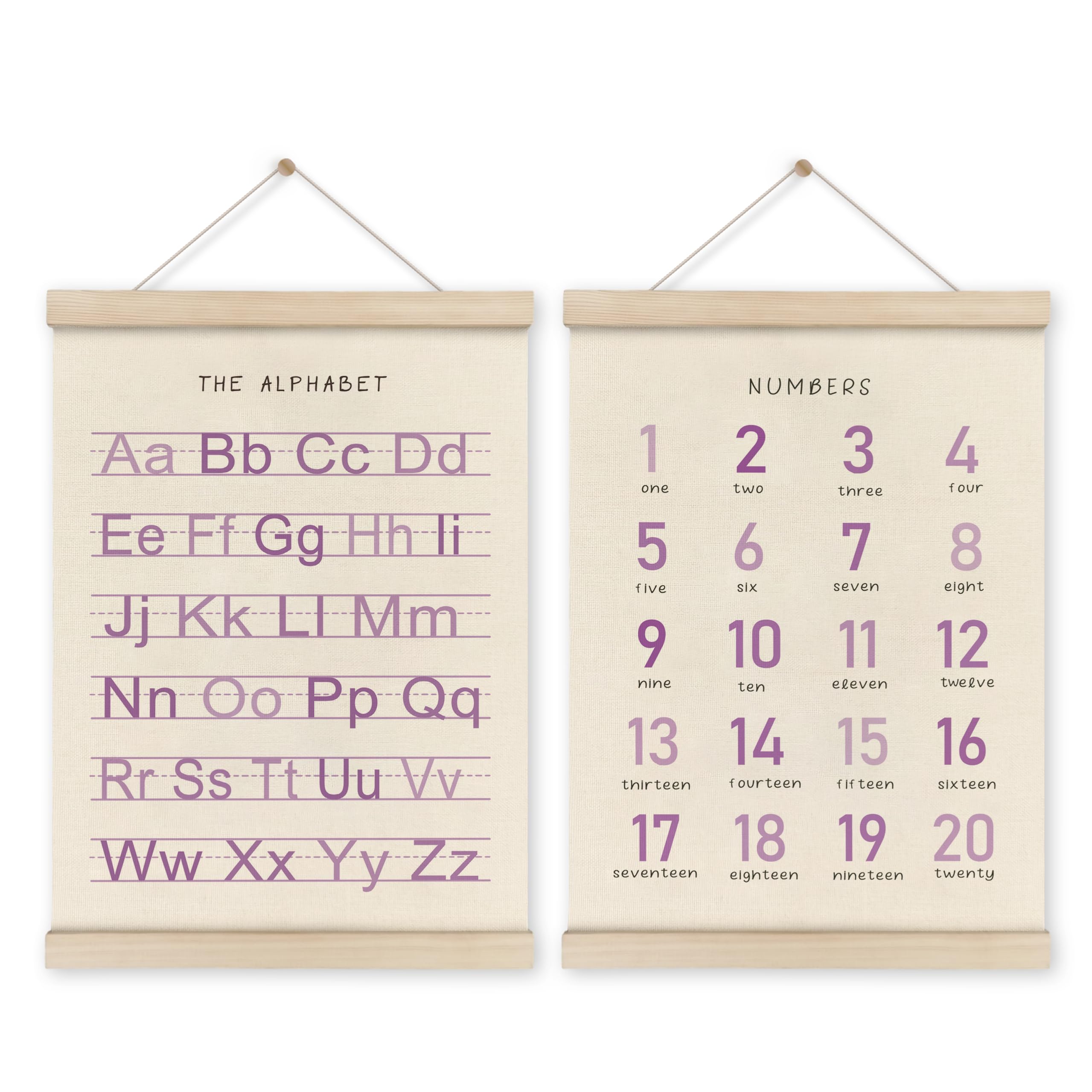 Hrqko Alphabet Numbers Poster Hanger Frame Set Of 2, Girls Nursery Wall Decor, Boho Abc Poster Wall Art With Wooden Frames, Purp
