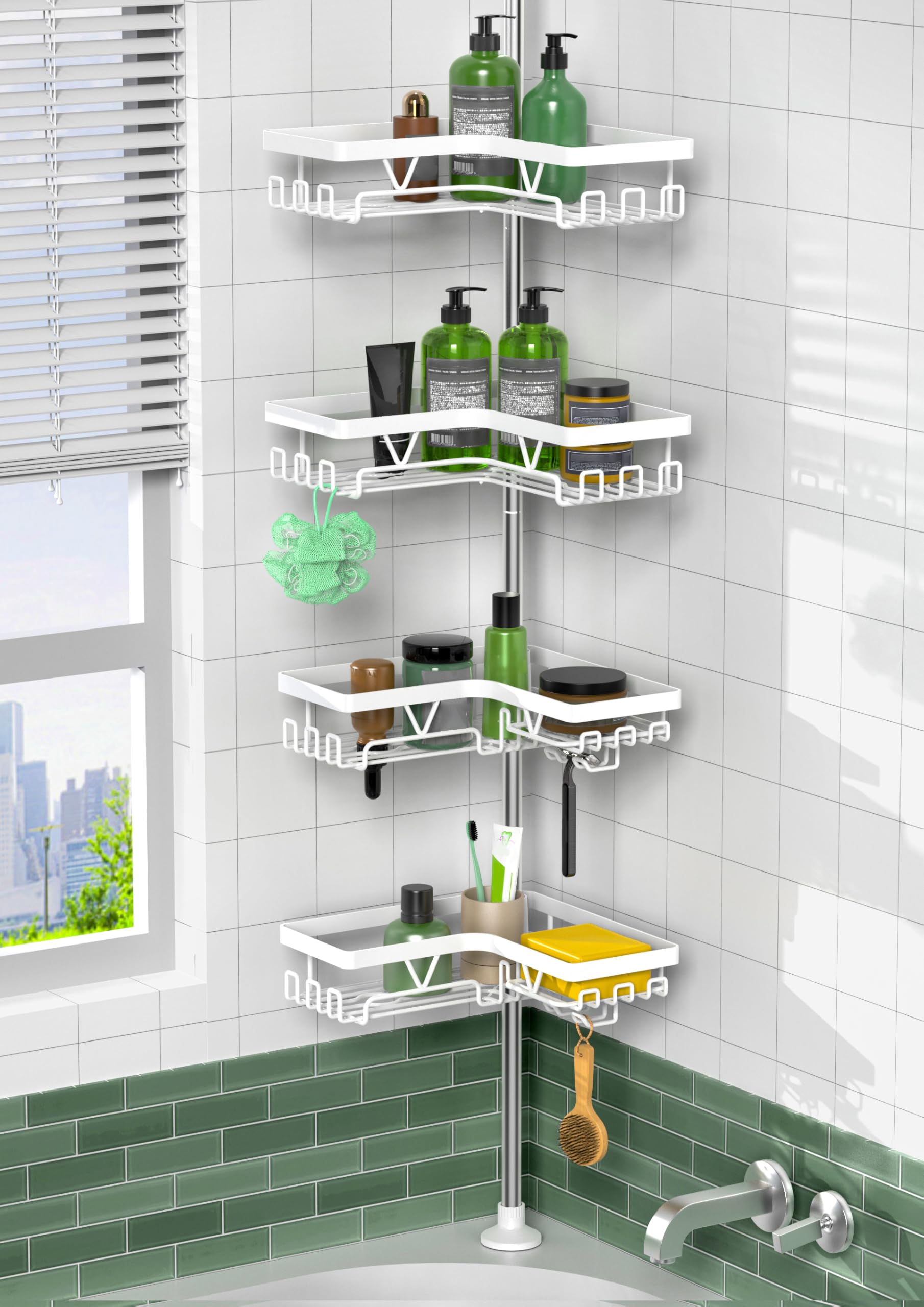 KEGII Corner Shower Caddy Tension Pole - 4-Tier Rustproof Bathroom Organizer, Floor to Ceiling Shower Caddy 25-114.2 inch, No Dr