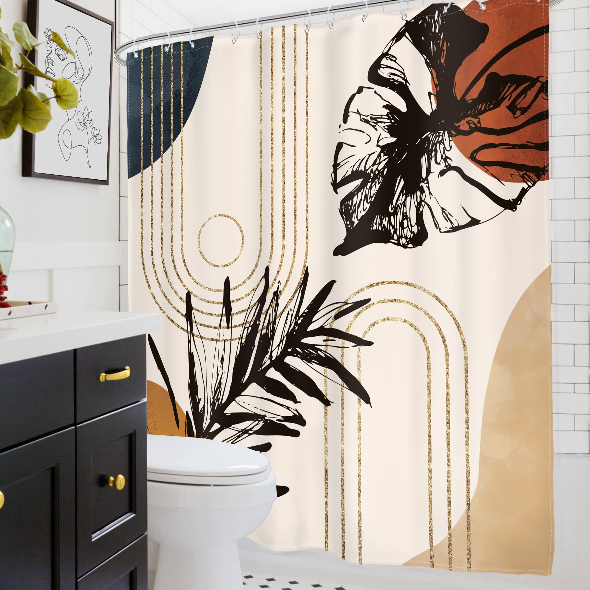 Glawry Abstract Tropical Shower Curtain Boho Watercolor Red Brown Palm Leaf Plant Botanical Bathroom Minimalist Bohemian Leaves