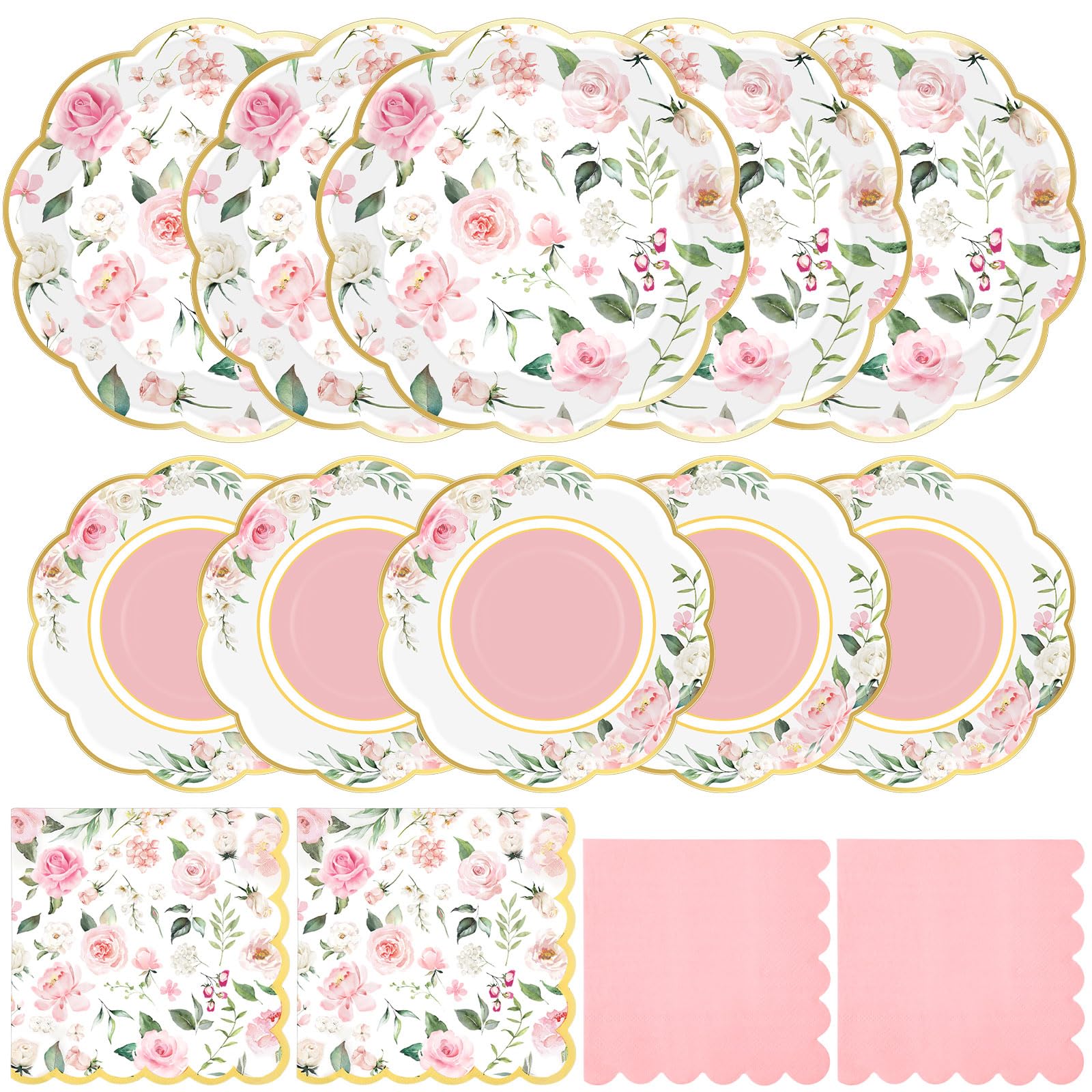 Funnymoom 200 Pcs Wild Floral Party Supplies Pink Flower Disposable Paper Dinner Dessert Plates Luncheon Napkins Beverage Napkin