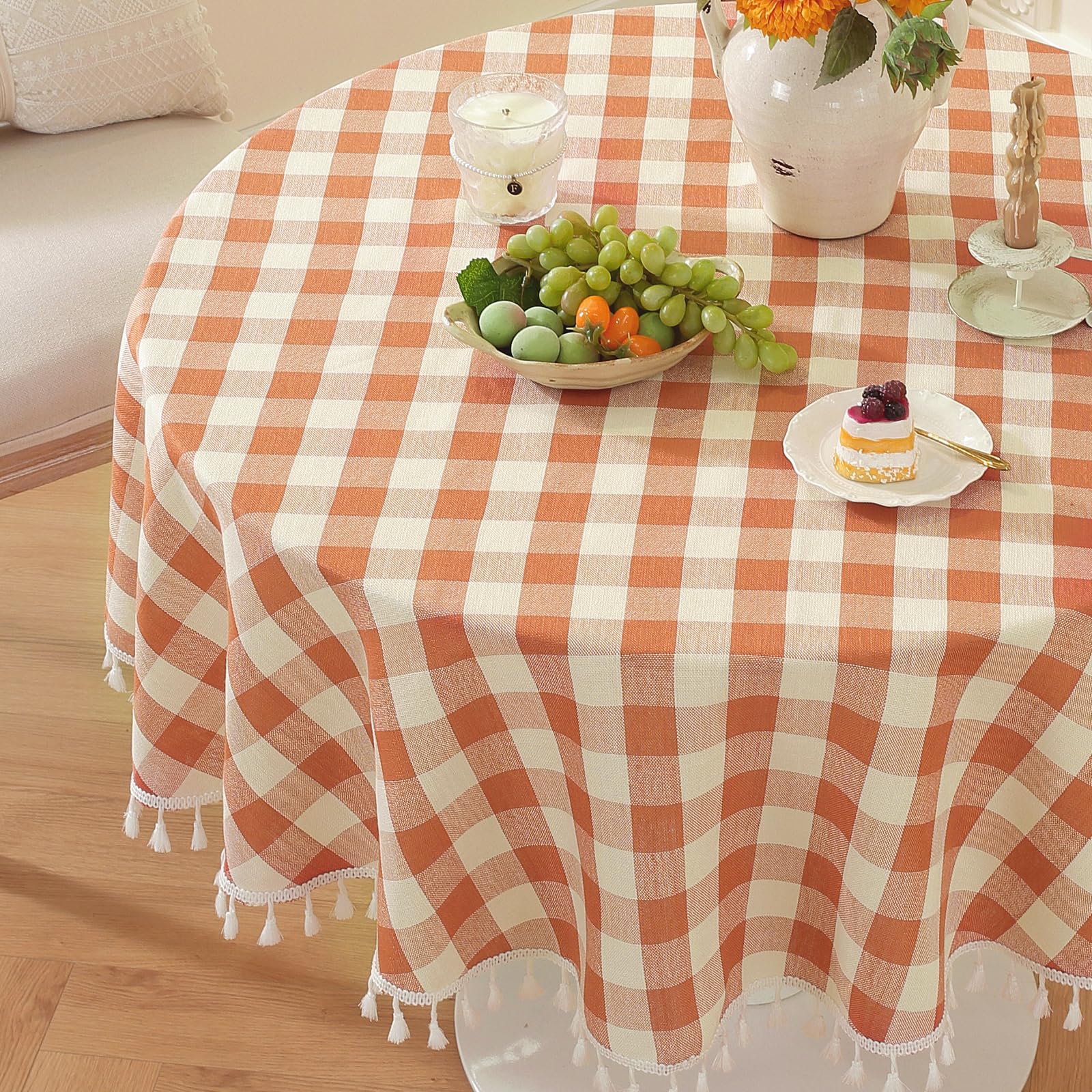 Laolitou Thanksgiving Orange Checkered Round Tablecloth Washable Buffalo Plaid Table Cloth with Tassel Cotton Linen Gingham Tabl