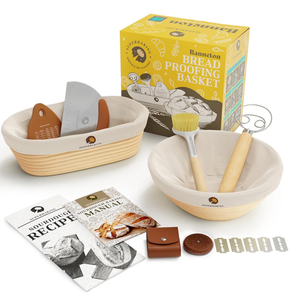 Superbaking Sourdough Proofing Basket Gift Set, Round 9'' & Oval 10'' Banneton, Sourdough Starter Kit, Sourdough Banneton Basket
