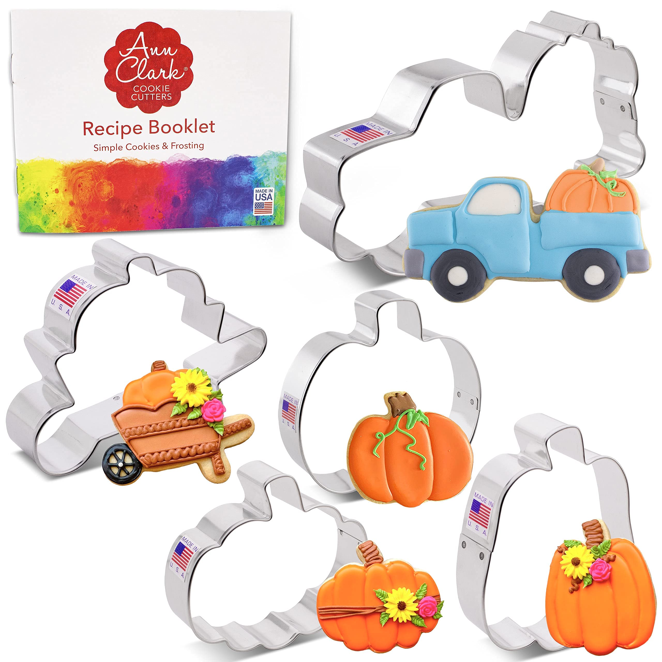 Pumpkin Patch Cookie Cutters 5-Pc. Set Made In The Usa By Ann Clark, Truck With Pumpkin, Pumpkin In A Wheelbarrow, Jack-O-Lanter