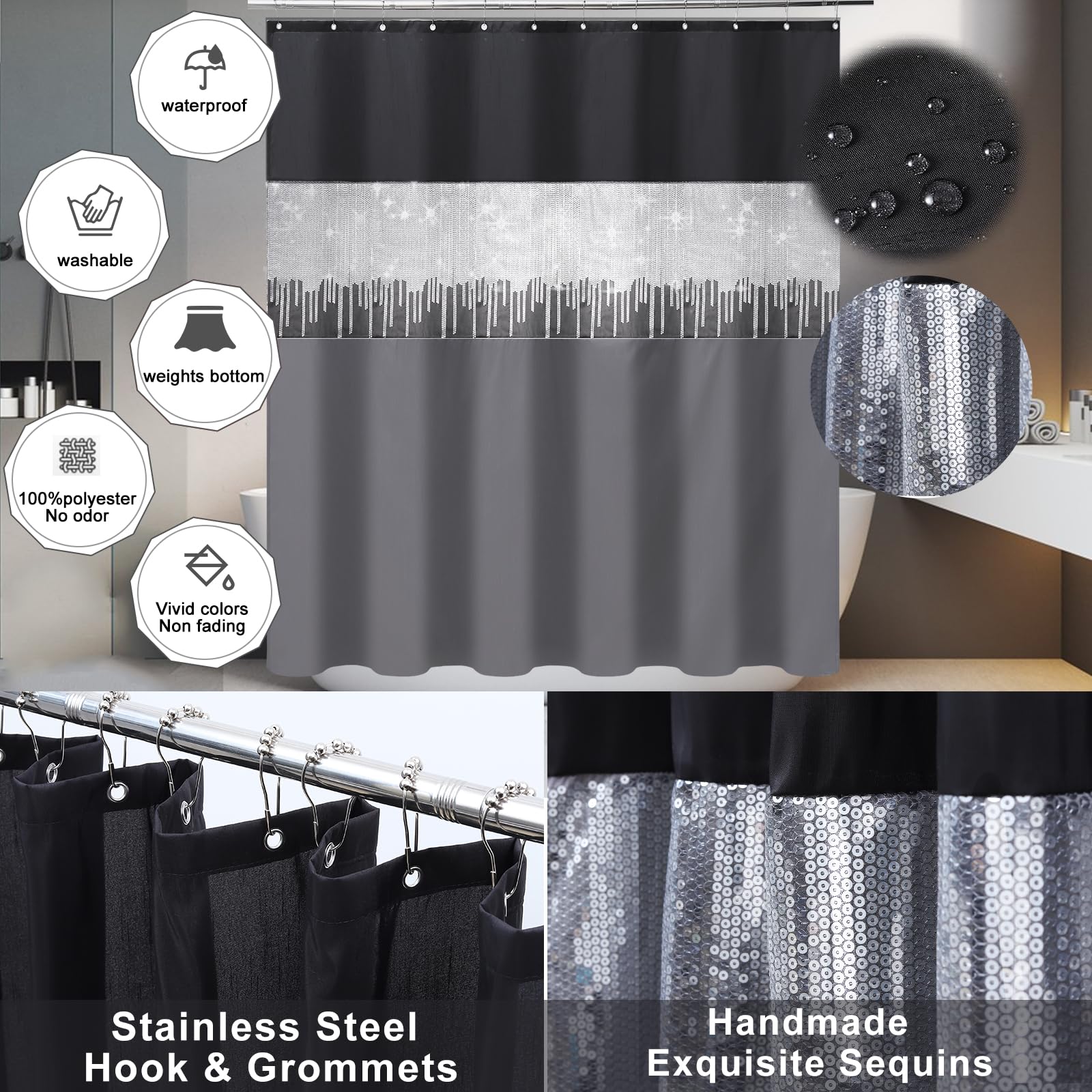 Xlhomo Black Bathroom Accessories With Glitter Shower Curtain,10 Piece Bathroom Sets With Shower Curtain Set Bathroom Set Black