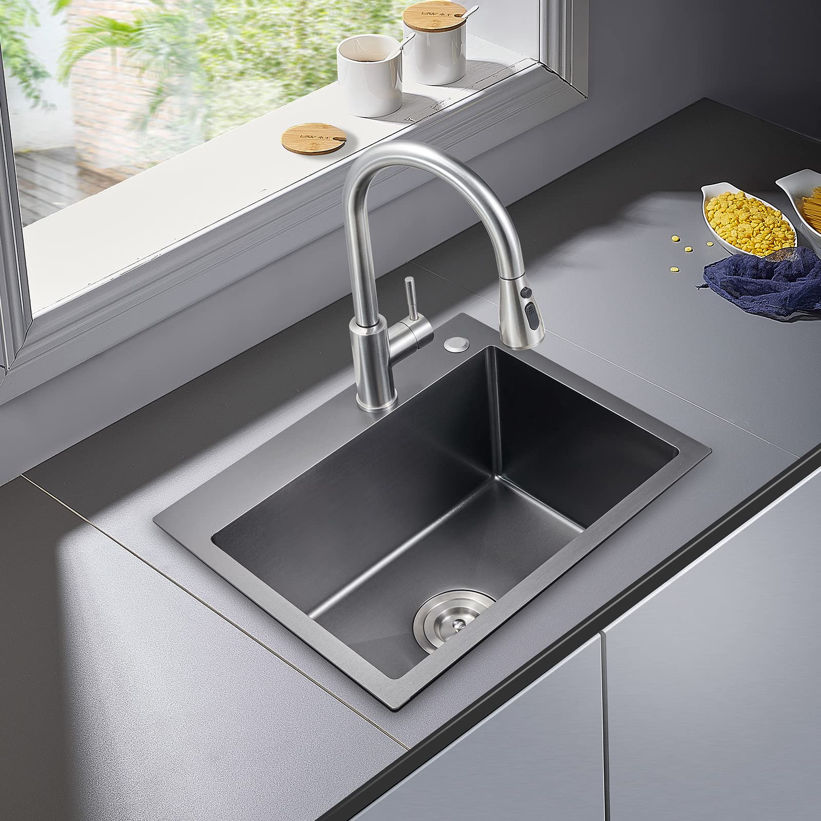 Popfly 20 Inch Kitchen Sink, 18 Gauge 304 Stainless Steel Single Bowl Drop In Black Bar Deep Small Sink, Modern Top Mount Kitche