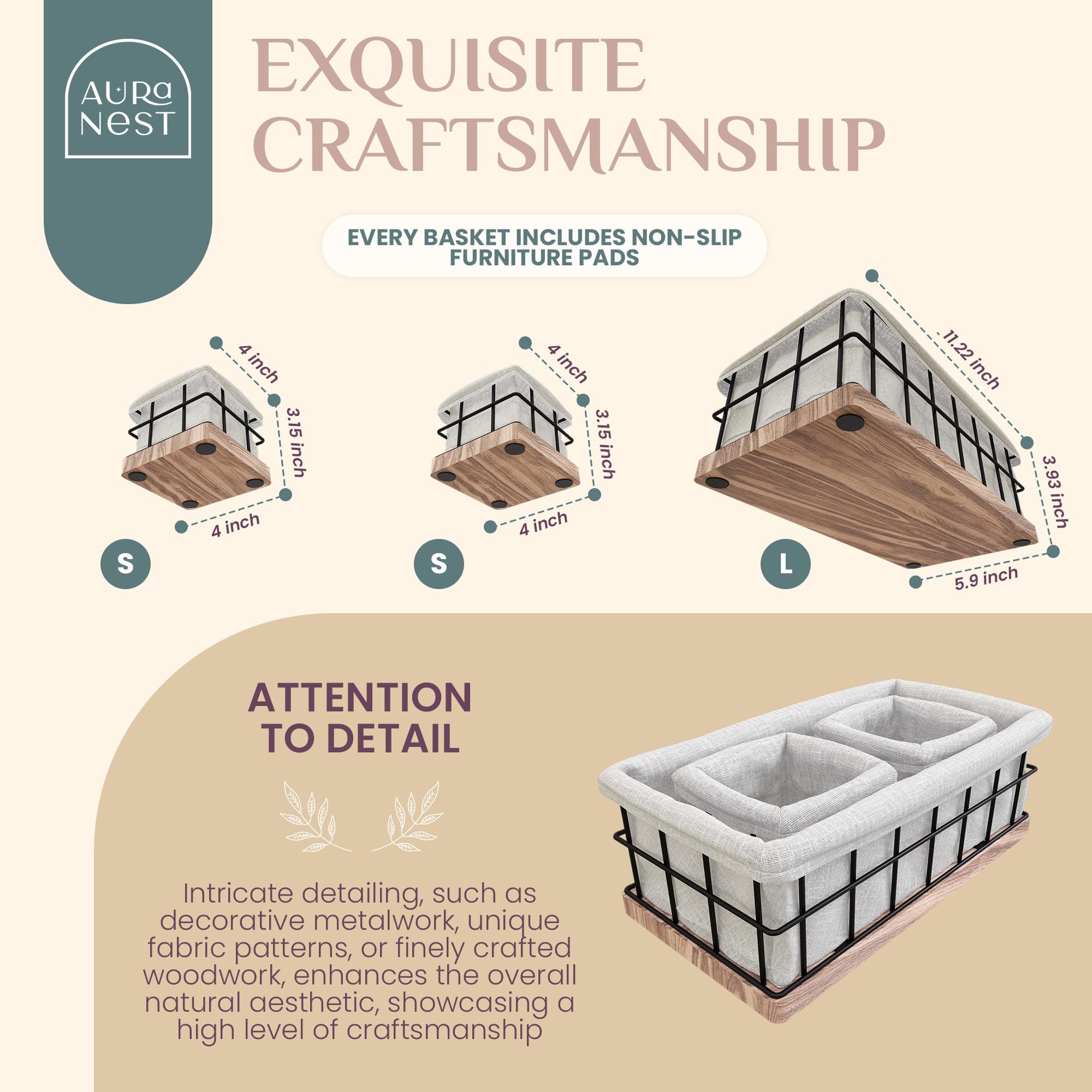 Aura Nest - Set Of 3 Decorative Basket Organizers Sturdy Rustic & Farmhouse Decor Metal Wooden Baskets For Organizing, Home And