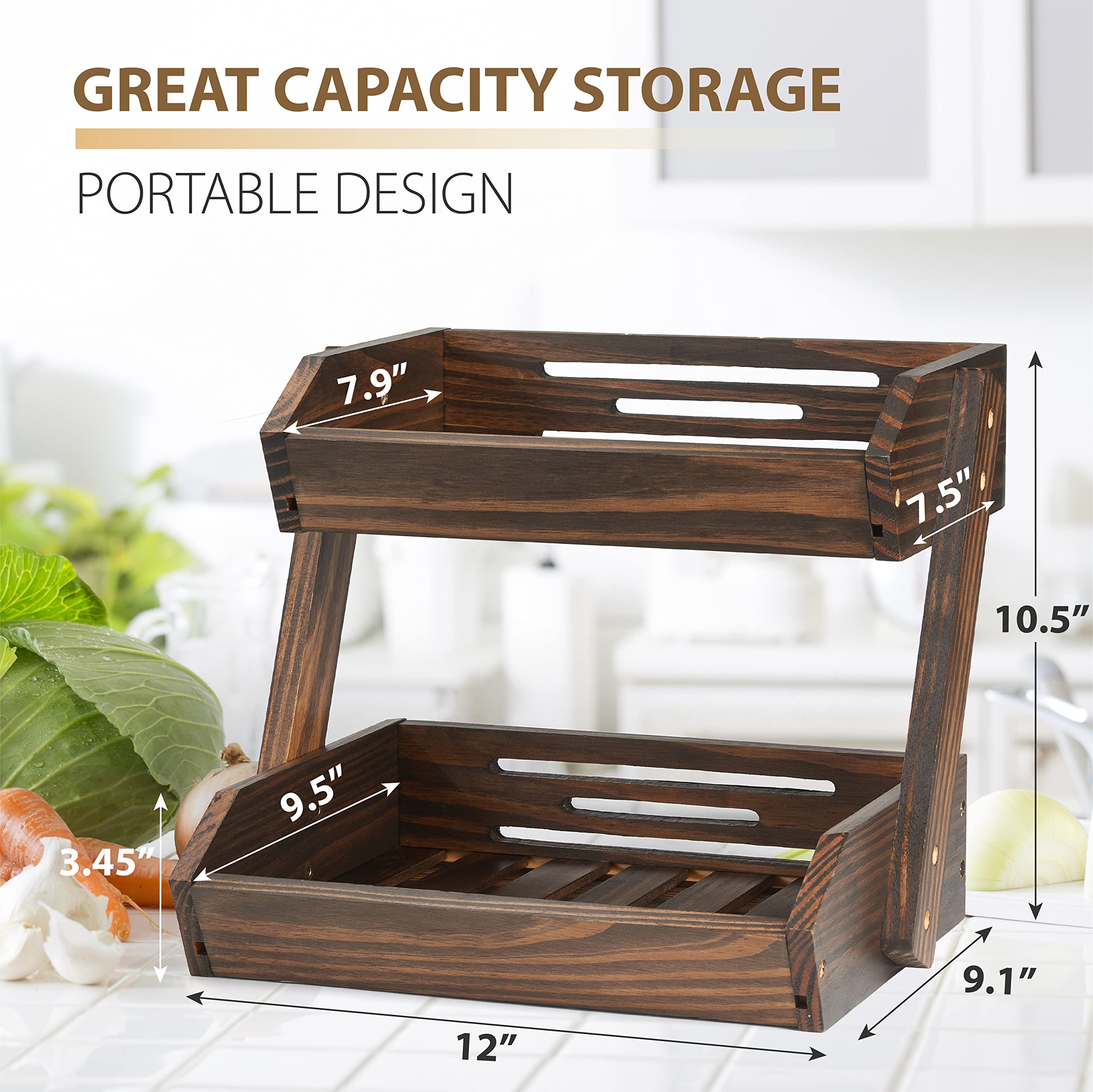 Nagawood Large Capacity 2-Tier Wooden Fruit Basket, Durable Acacia Wood, 10.5'' Tall, Spacious For Produce, Vegetables, Bread St