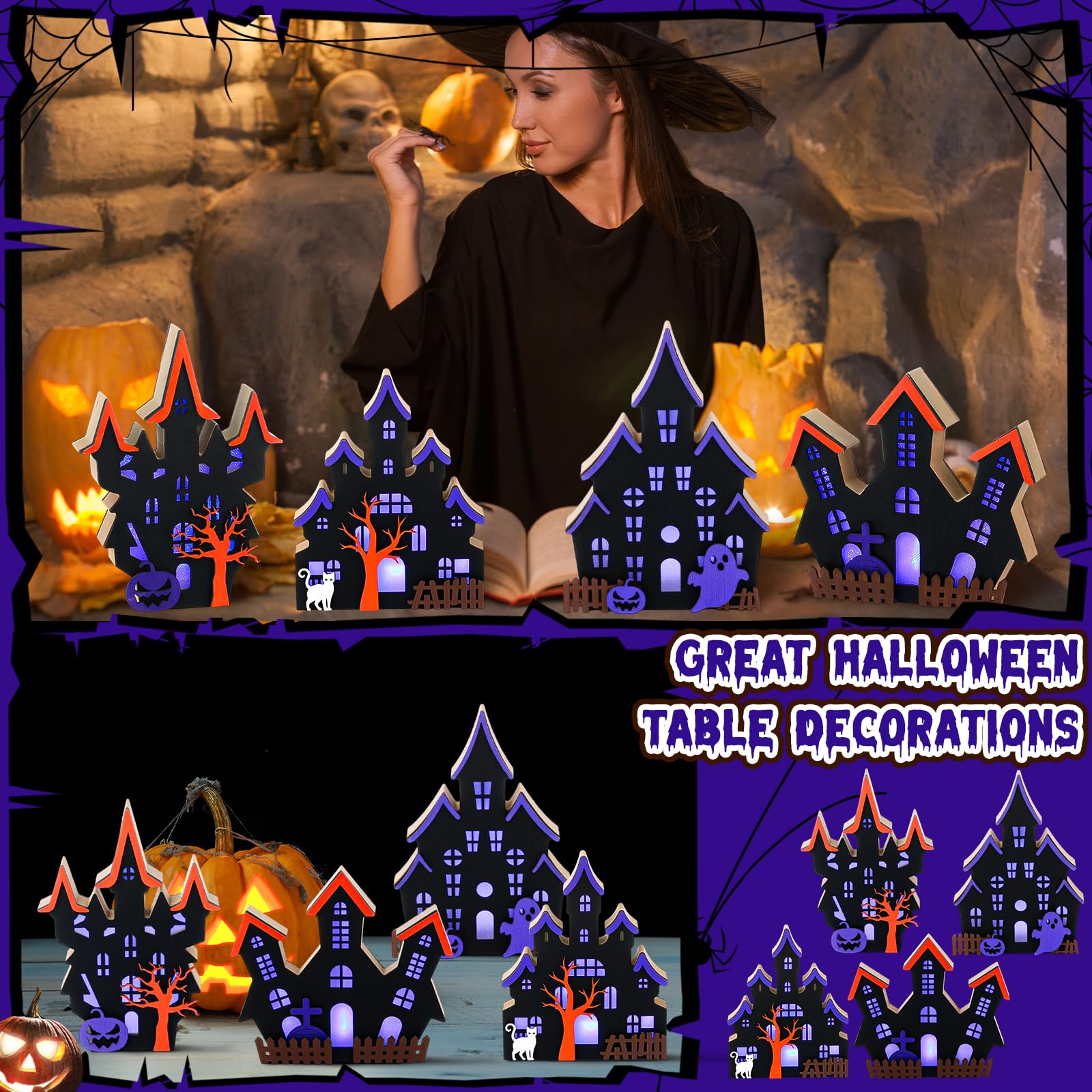 Bucherry 4 Pack Halloween Table Haunted House Decor Lighted Wooden Village Ghost House 3D Tabletop Decorations for Halloween Ind