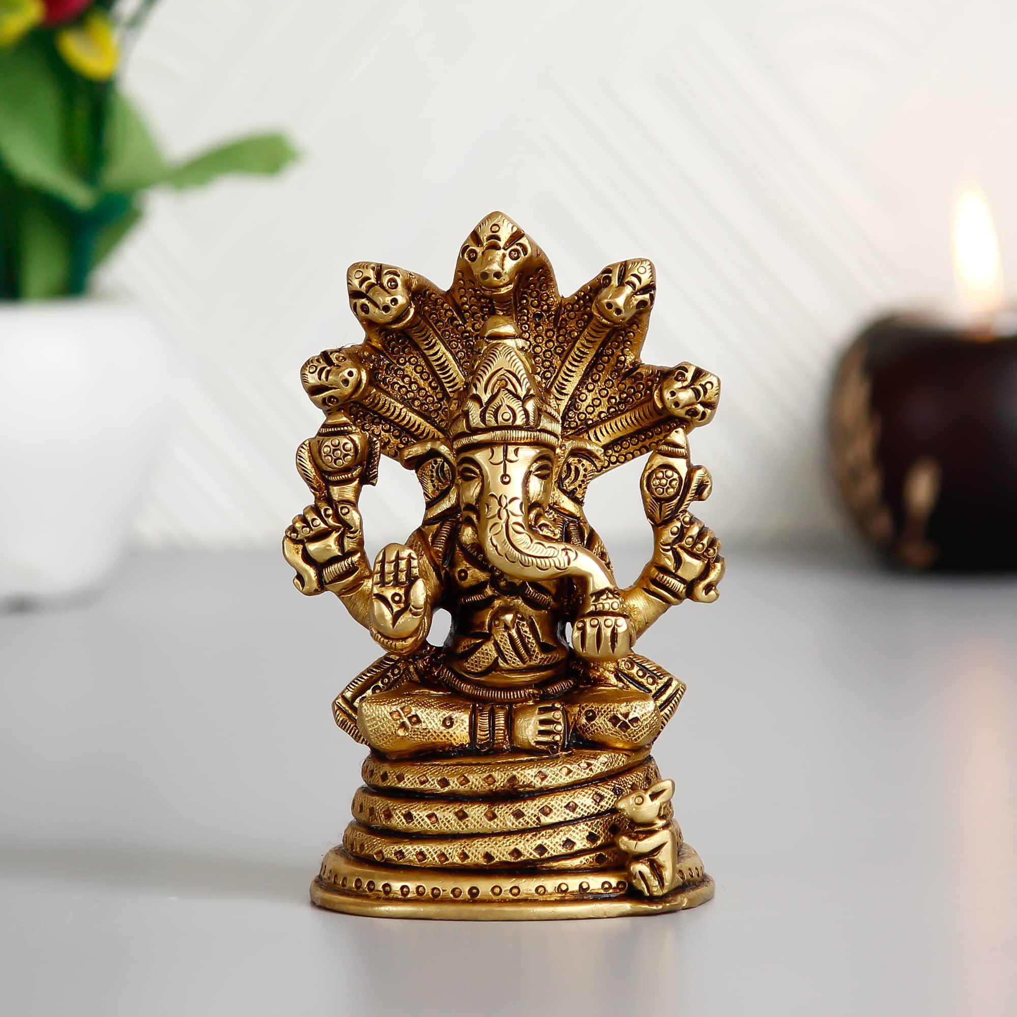 Ecraftindia Golden Brass Ganesha Idol With Naag Devta | Lord Ganesha Idol For Home Decor Office | Ganesha Statue | Ganesh Ganpat