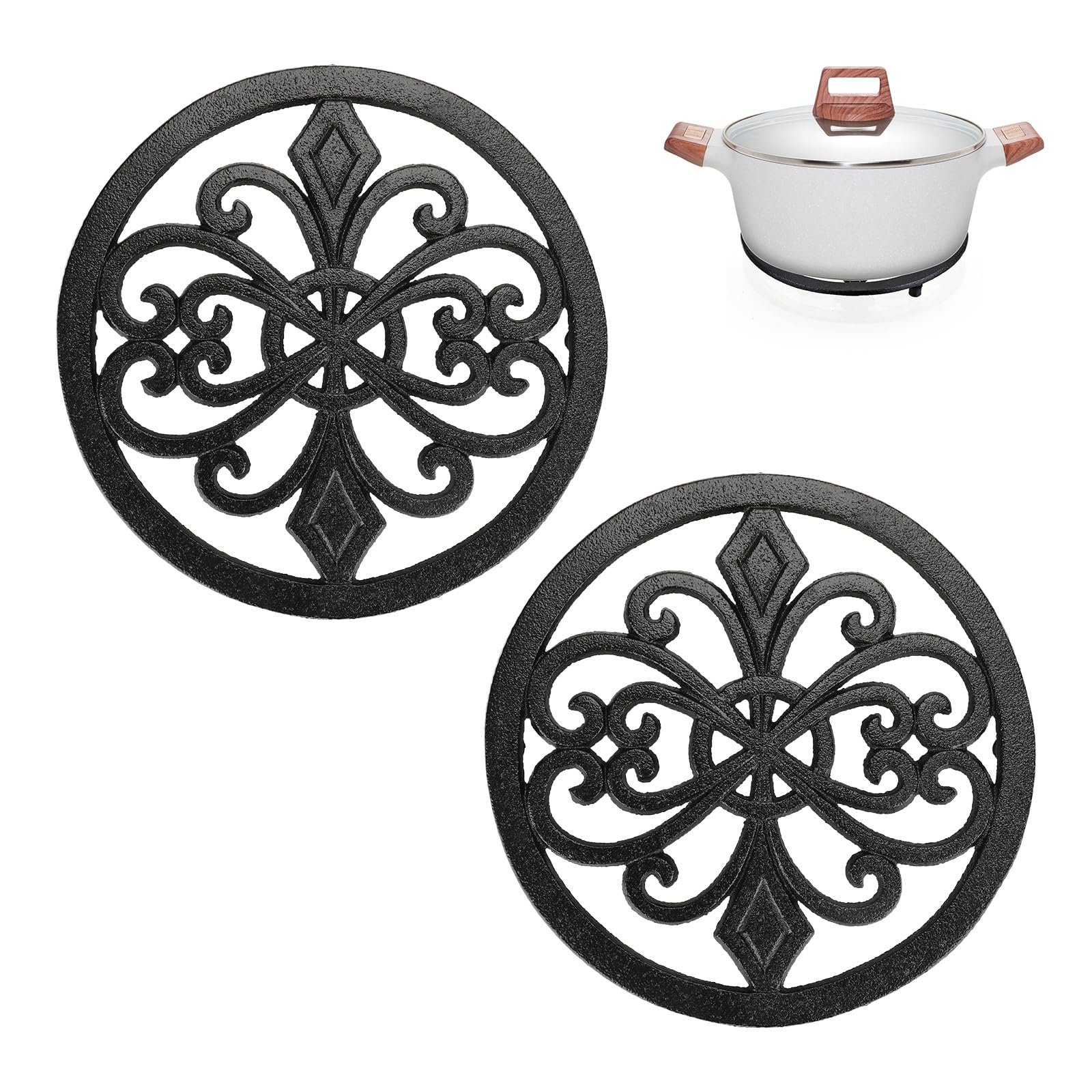 Sumnacon 2Pcs Round Cast Iron Trivets - 8 Inch Heat Resistant Iron Trivets For Hot Dish Pot Pan Plate Teapot, Rustic Cast Iron H