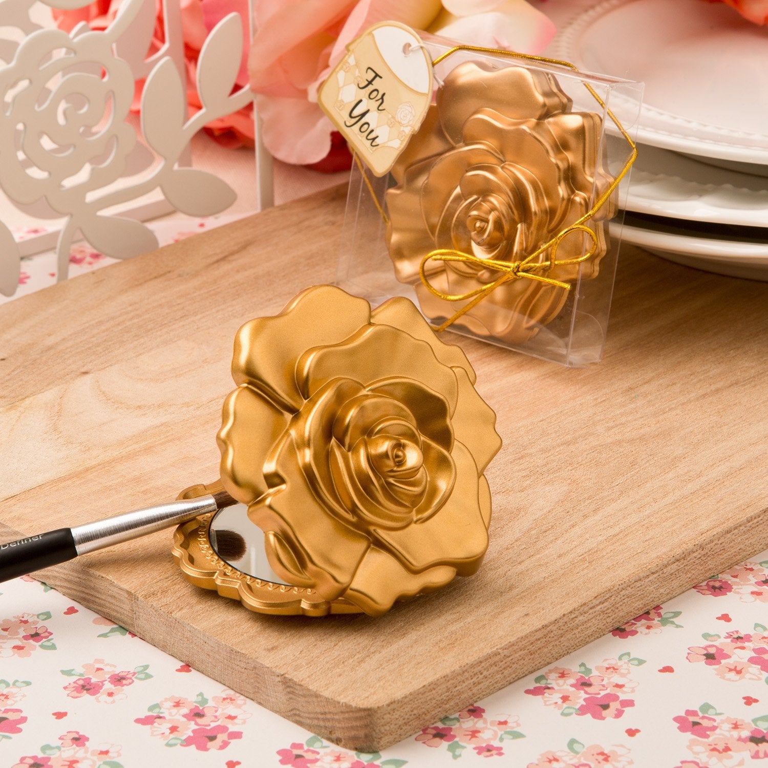 FASHIONCRAFT Ornate Matte Gold Rose Design Compact Mirror, Yellow