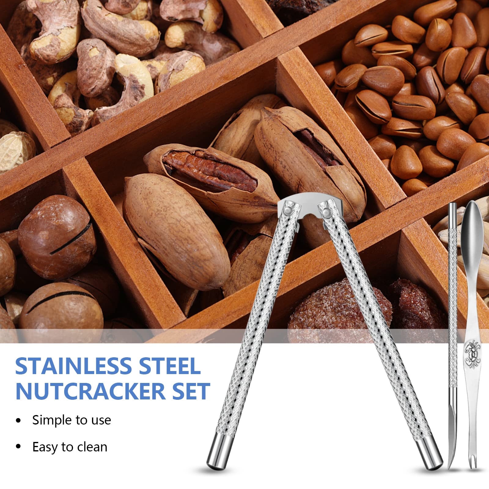 Artcome 8 Pcs Nutcracker Stainless Steel Nut Cracker Set - 2 Nut Cracker, 4 Picks, 1 Wide Crab Fork And 1 Storage Bag