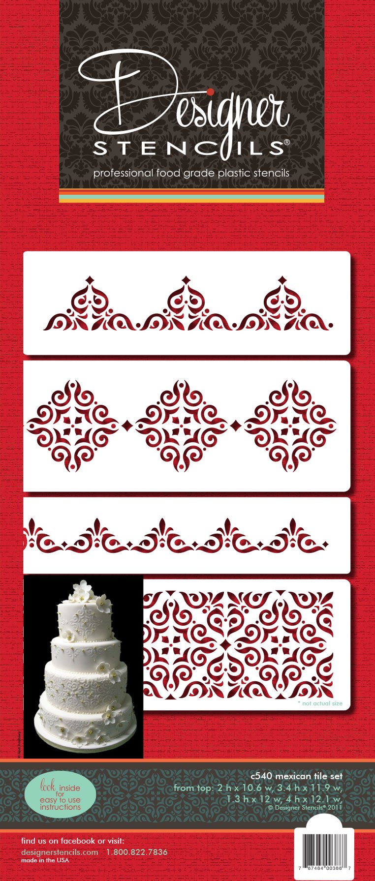 Designer Stencils Mexican Tile Cake Set Foodgrade Stencil, 2'' X 10.6'', 3.4'' X 11.9'', 1.3'' X 12'', 4'' X 12''