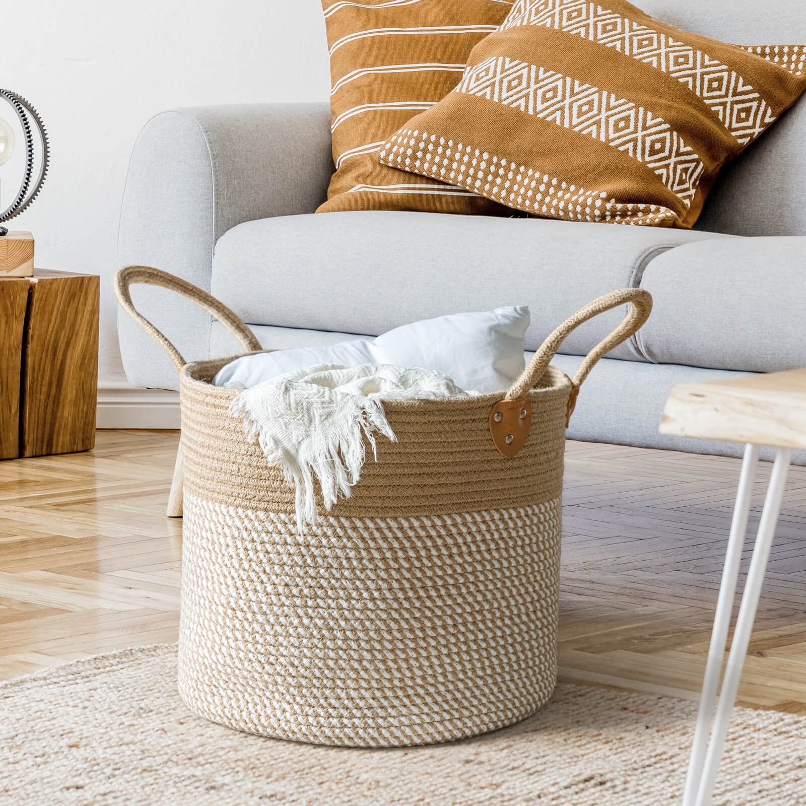 Chicvita Large Jute Basket Woven Storage Basket With Handles - Jute Laundry Basket Toy Towels Blanket Basket Home Decor, White,