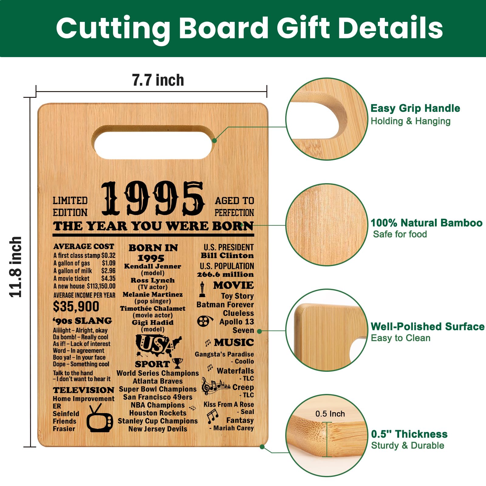 30th Birthday Gifts for Women Men, 1995 Cutting Board 30th Birthday Gifts for Her Him, Happy Birthday 30 Years Old Gifts 30th Bi