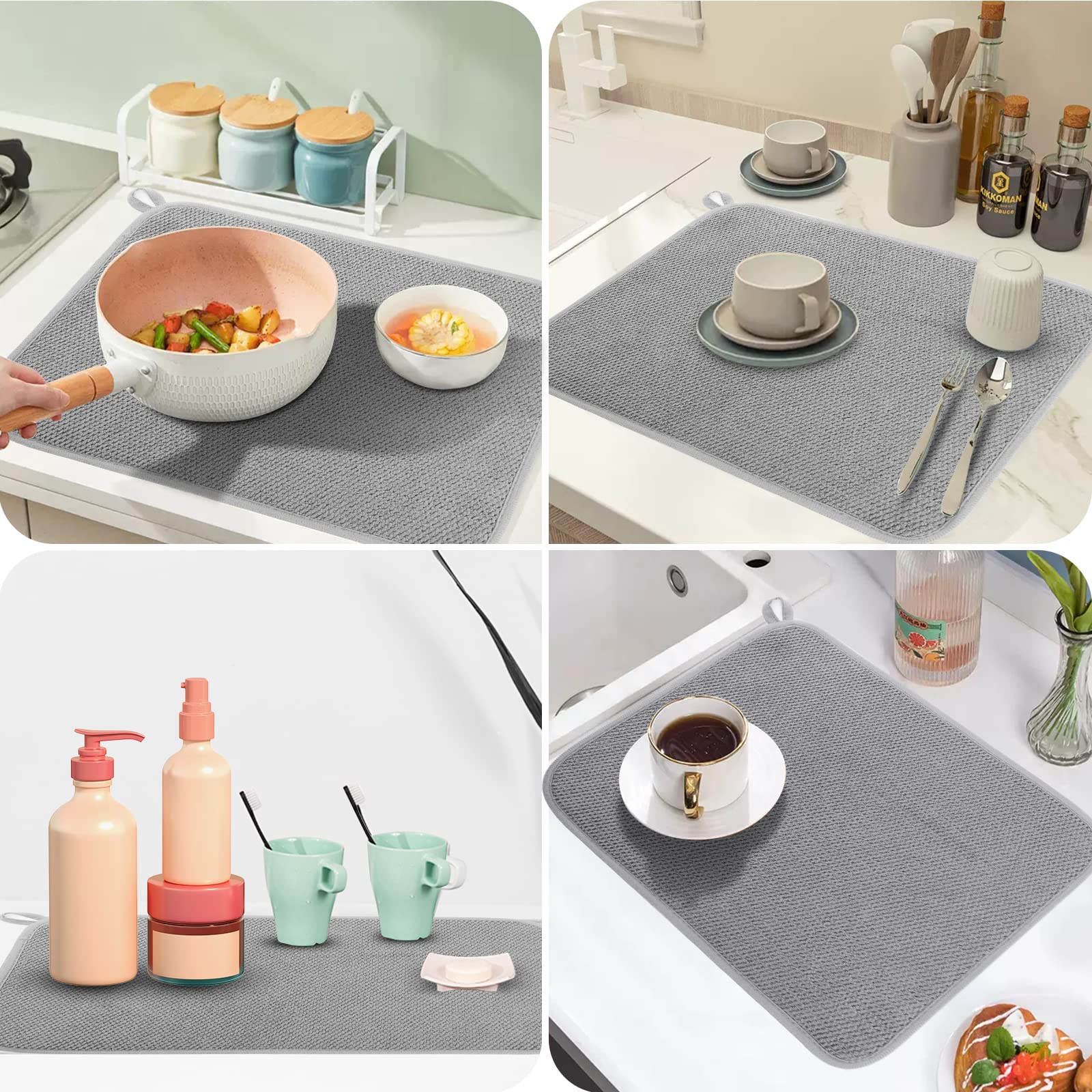 Geeric Microfiber Dish Drying Mat, Super Absorbent Kitchen Dish Drying Pad, Reversible For Countertop, 12*16 Inch Gray