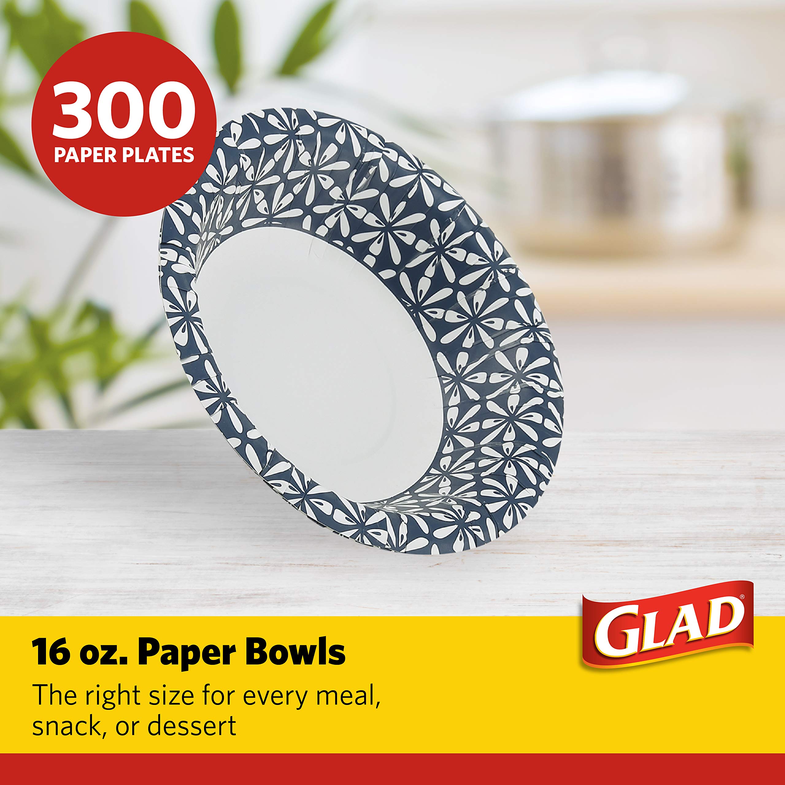 Glad Disposable Paper Bowls With Blue Mosaic Design, 16 Ounces, Soak Proof, Cut-Proof, Microwaveable, 300 Count | Strong And Hea