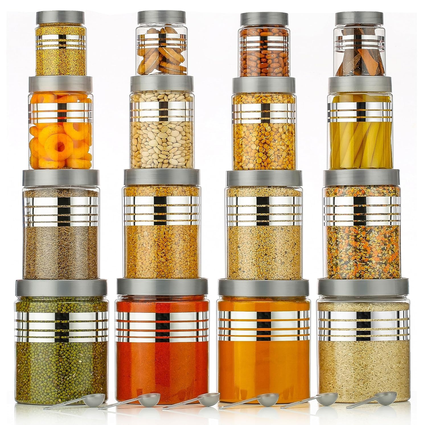 Aquaware Plastic Pet Storage Jar And Container, Set Of 16 With Spoons Air Tight | Kitchen Organiser Improved Model Silver Line P