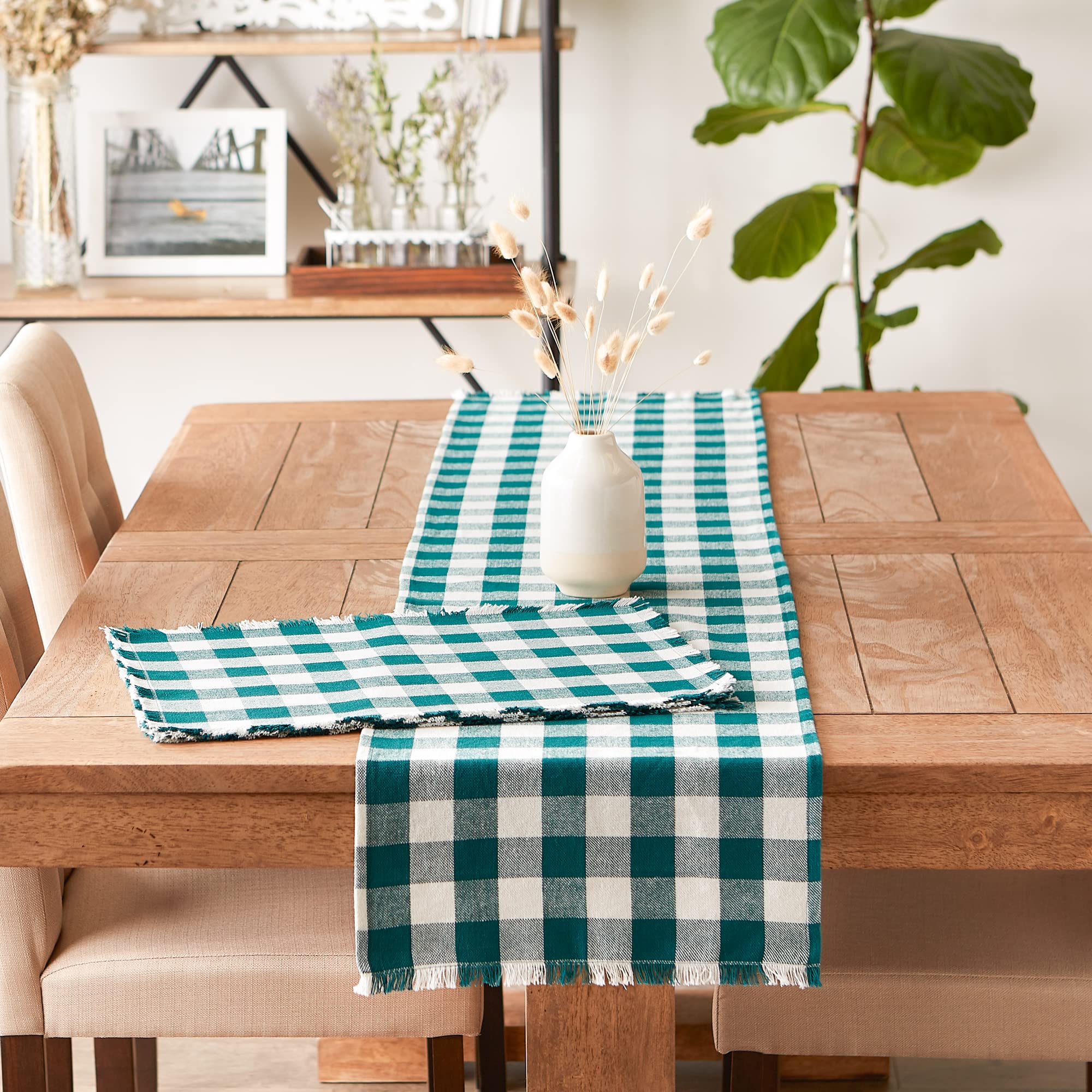 DII Heavyweight Fringed Check Tabletop Collection  Table Runner  14x72  Teal