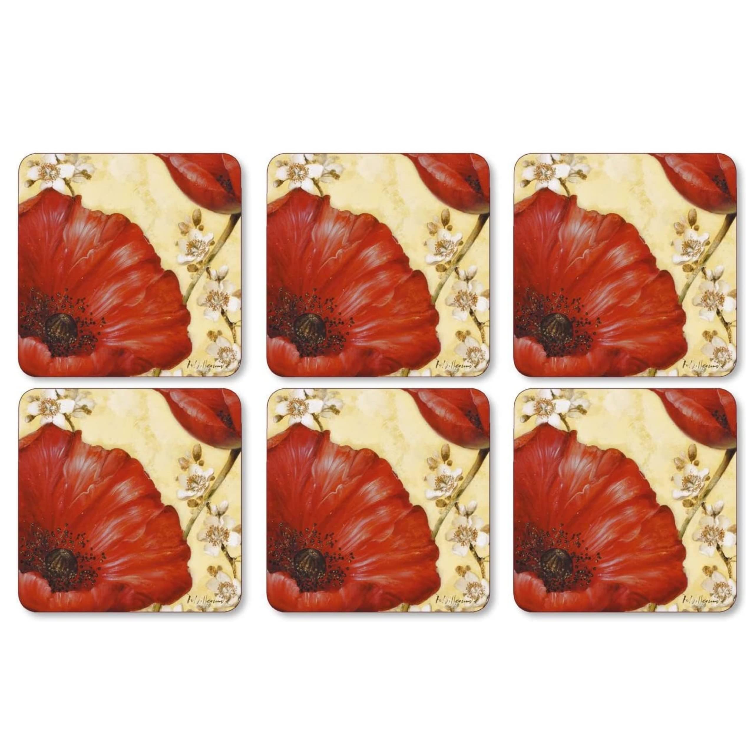 Pimpernel Poppy De Villeneuve Collection Coasters | Set Of 6 | Cork Backed Board | Heat And Stain Resistant | Drinks Coaster For