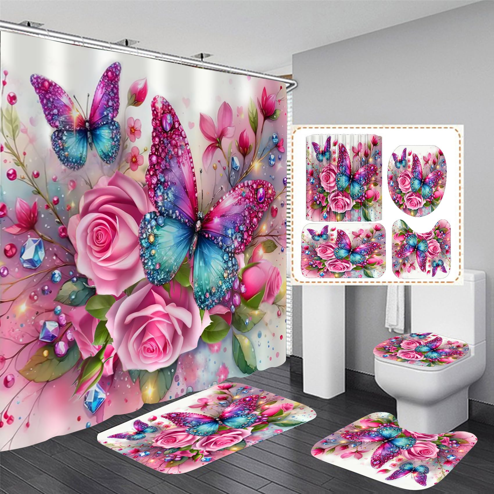 Ddqq 4Pcs Pink Glitter Floral Shower Curtain Set Rose Bathroom Sets Butterfly Diamond Shower Curtain With 12 Hooks Bathroom Deco