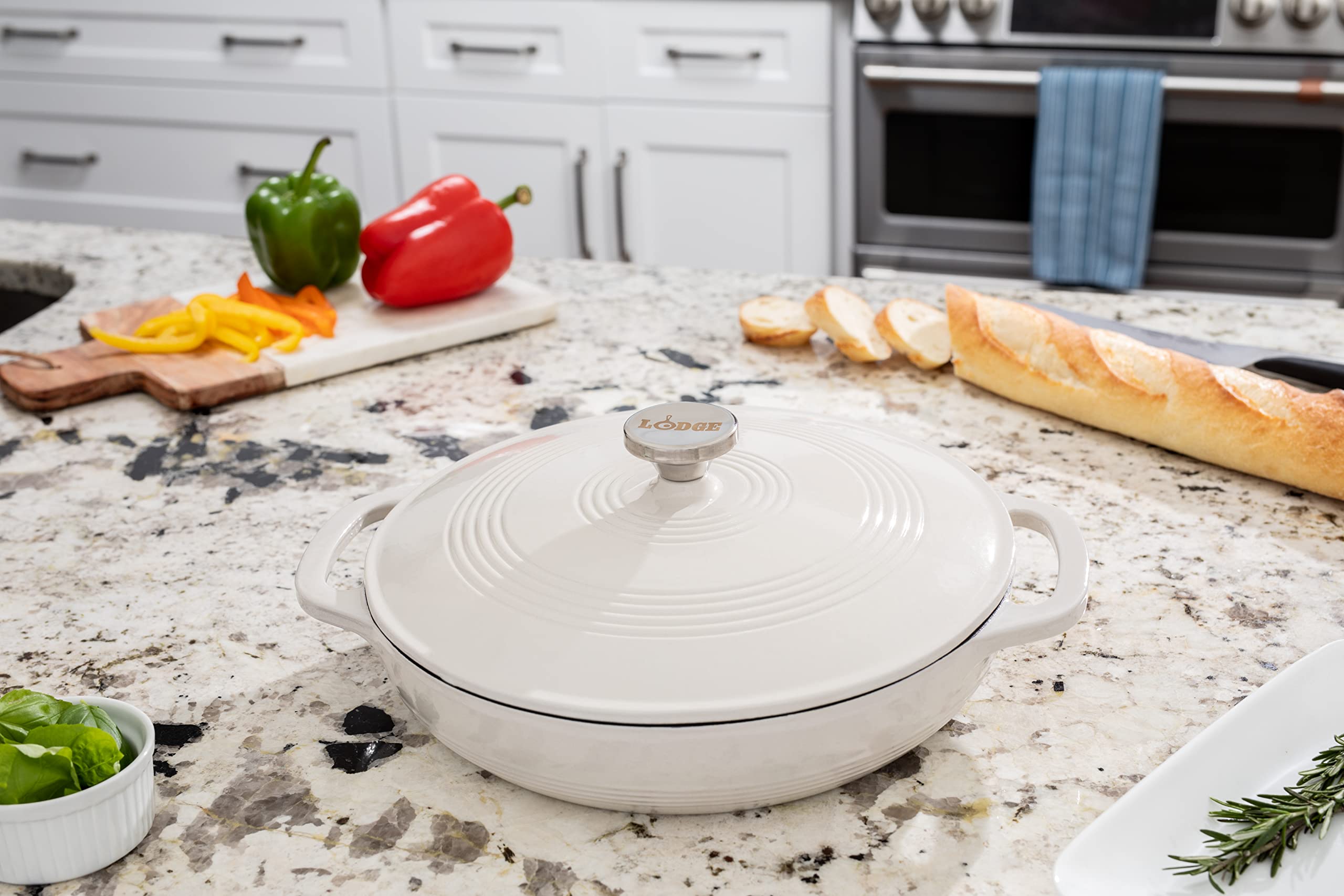 Lodge Enameled Cast Iron Oval Casserole, 3.6 Quart, Oyster White, Oven Safe up to 500°F, Dual Handles
